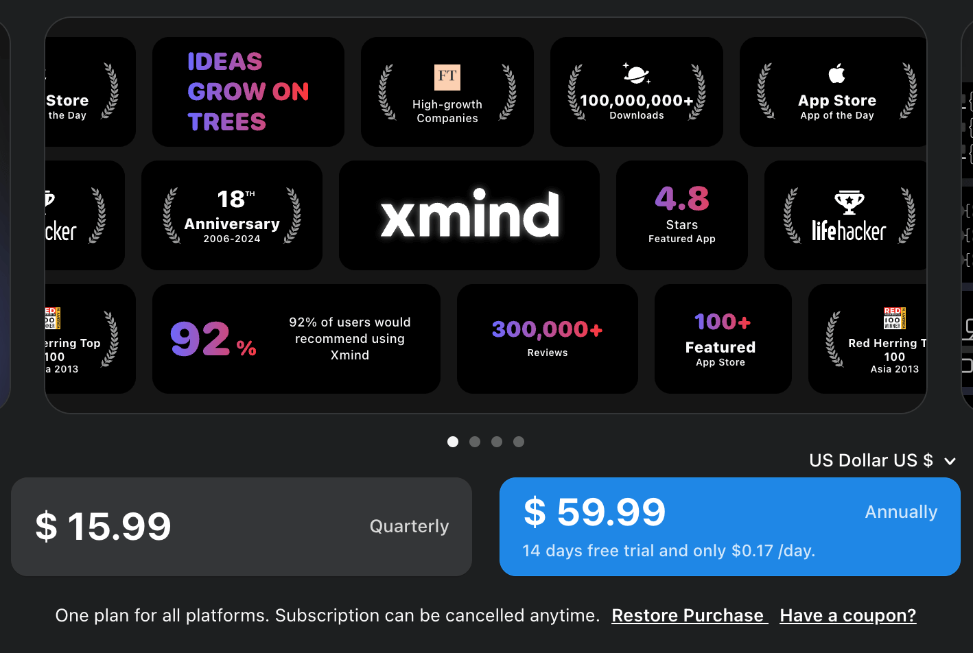Promotional image for Xmind highlighting its features, user recommendations, and subscription pricing.