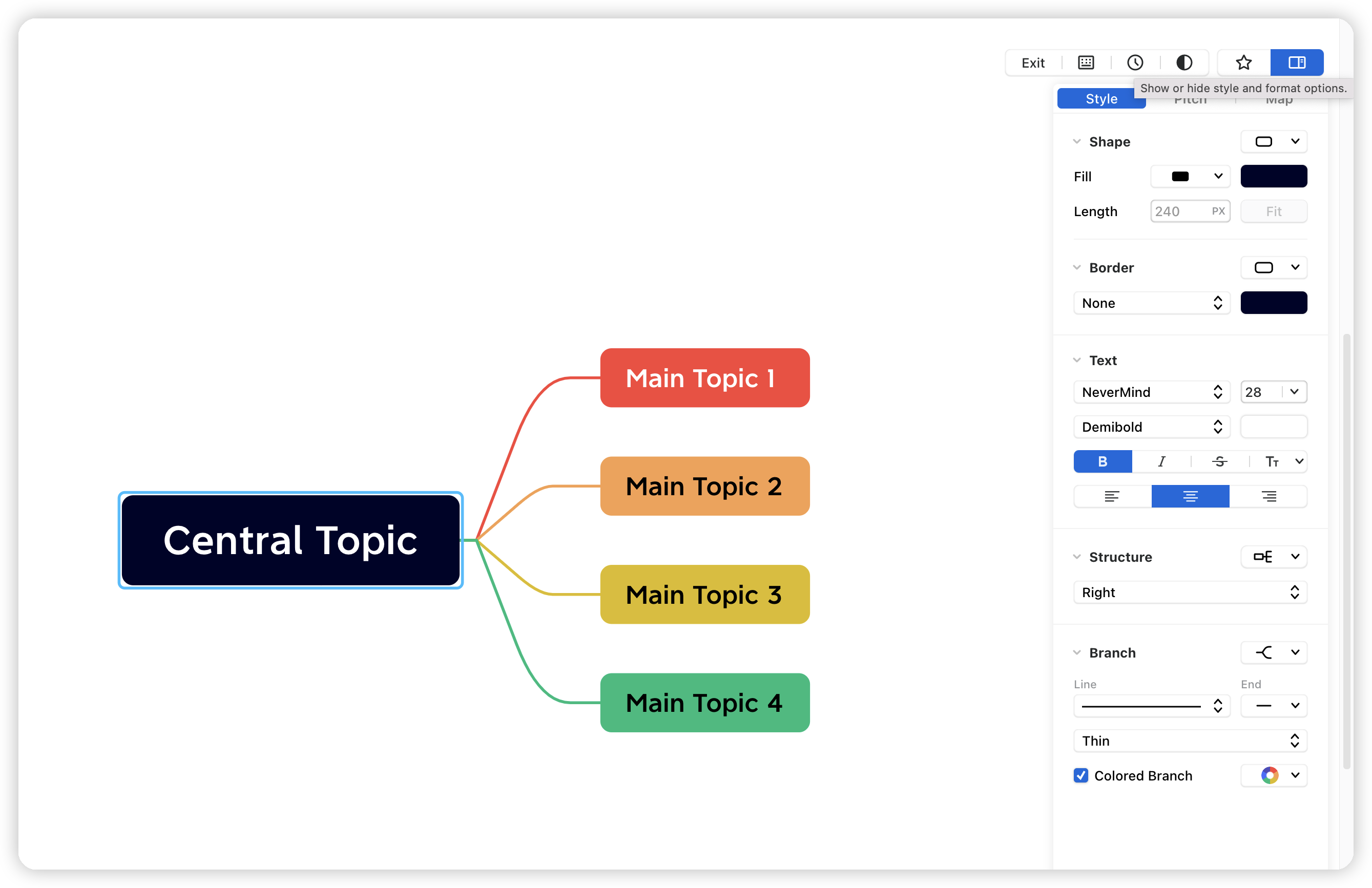 Mindmap mit einem zentralen Thema und vier farbigen Zweigen, beschriftet mit Hauptthema 1, Hauptthema 2, Hauptthema 3 und Hauptthema 4.