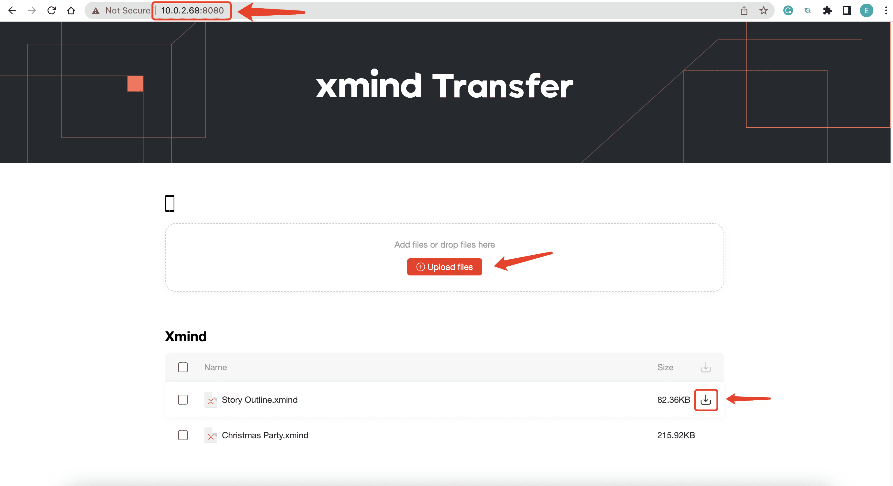 Xmind Transferのウェブページに、ファイルのアップロードオプションと、2つのファイルとそのサイズが表示されています