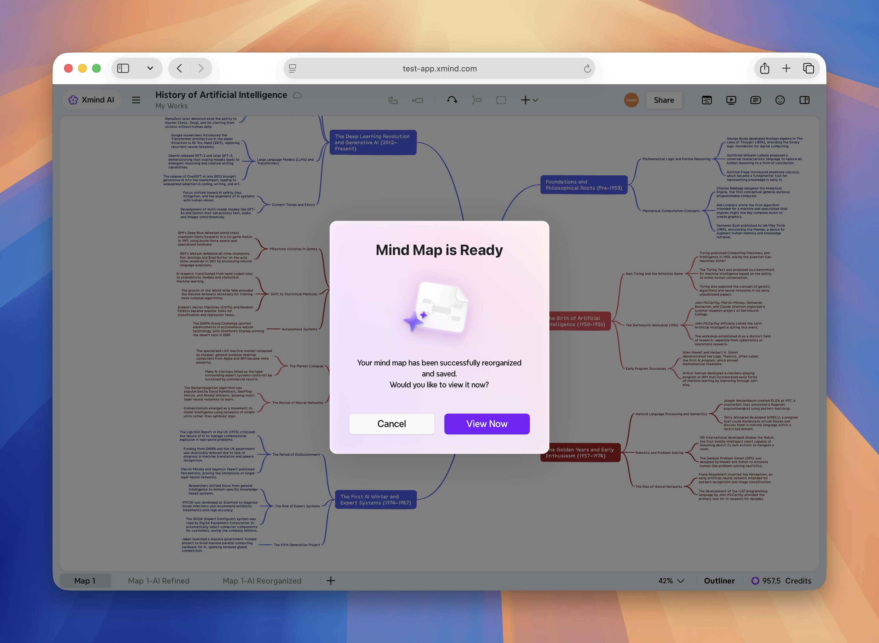 Mind map reorganization confirmation message displayed