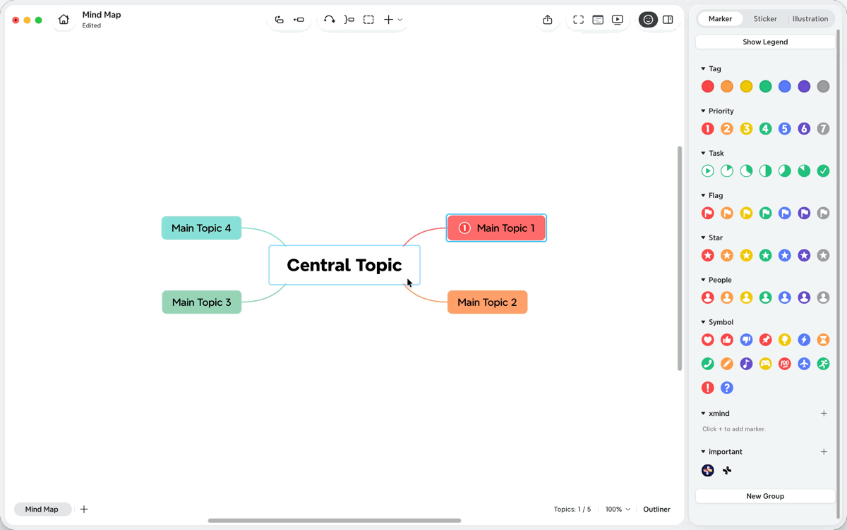 Une capture d’écran du menu contextuel des marqueurs dans Xmind, montrant différents marqueurs du même groupe pouvant être utilisés pour remplacer le marqueur actuel.