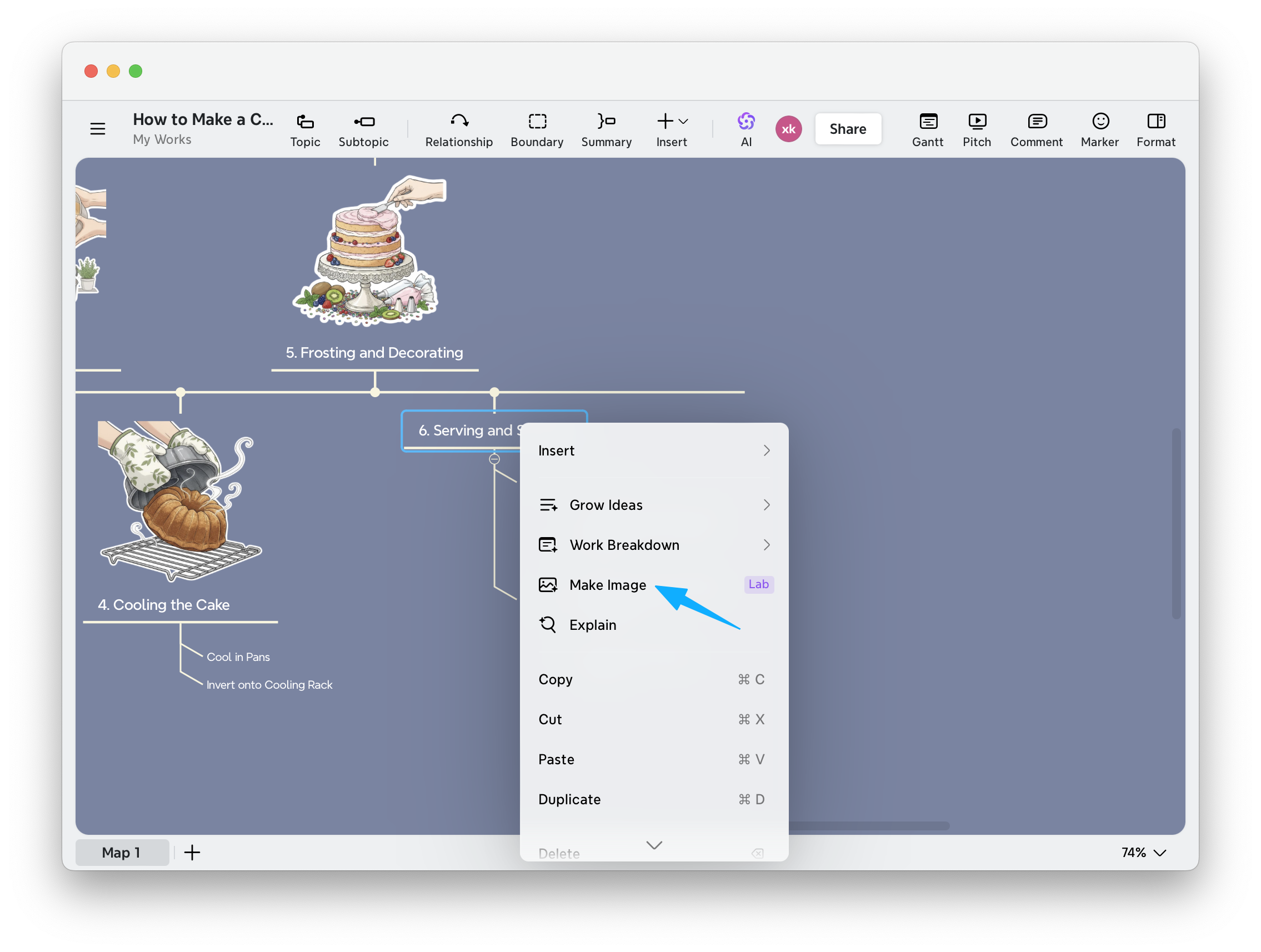 Xmind menu showing Make Image option highlighted with blue arrow in dropdown list.