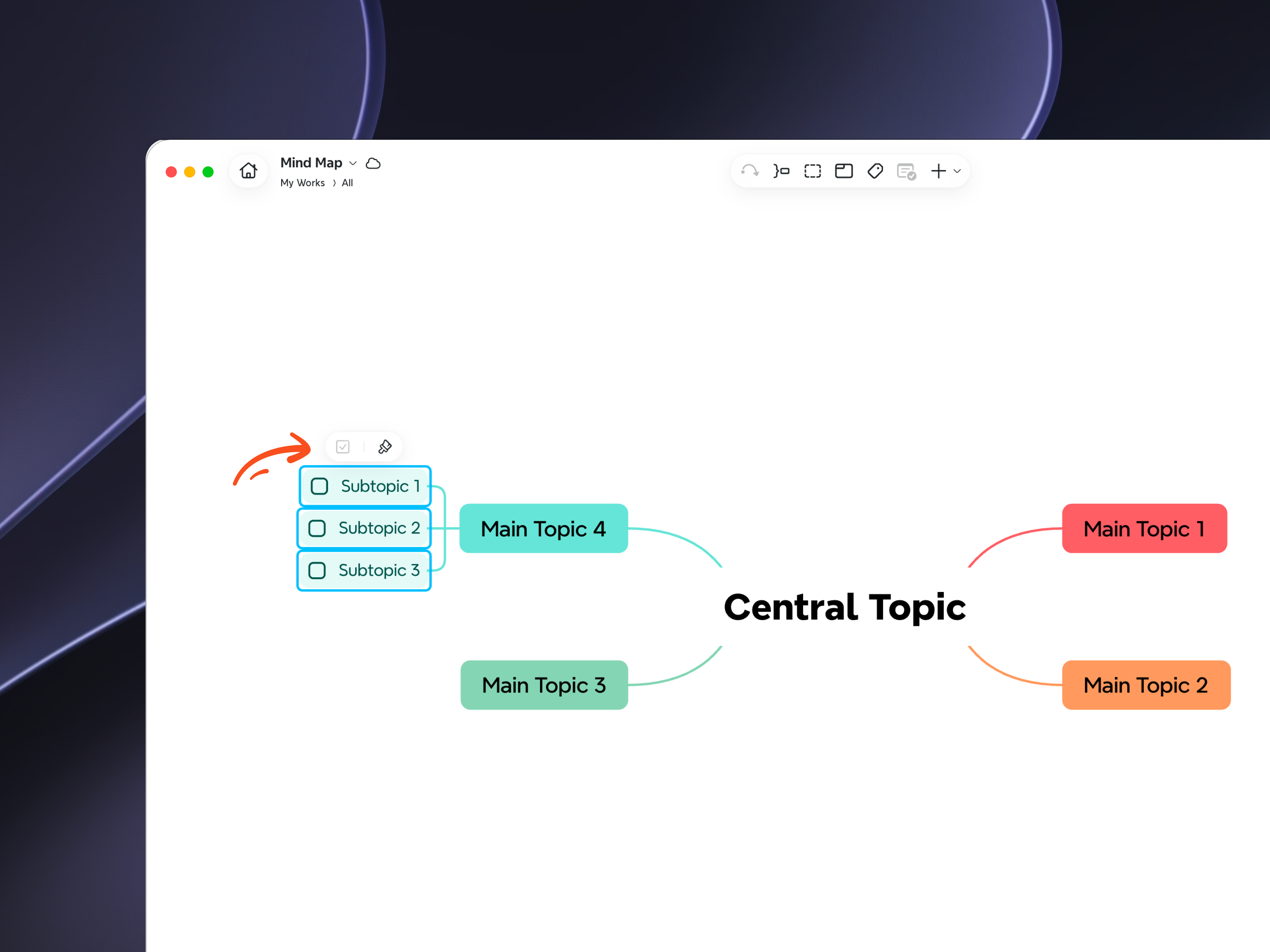Xmindで複数のトピックを選択したスクリーンショット。フローティングツールバーが表示されています。ツールバーには、「To-Do」と「スタイル」のボタンがあります。