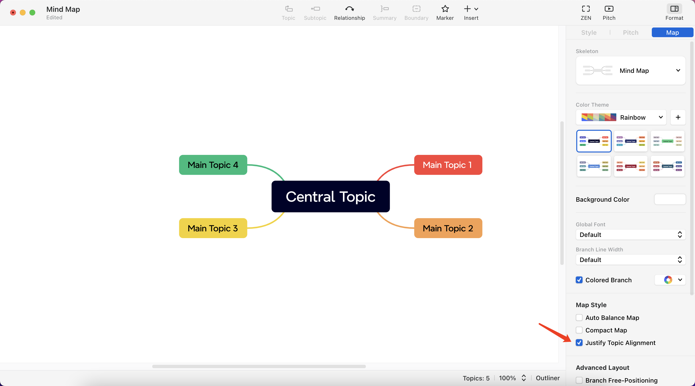 Mind map layout with a central topic labeled “Central Topic” and four main topics branching out in various colors.
