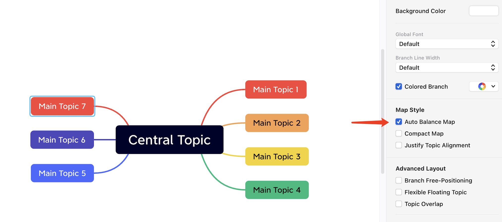Mind map titled “Central Topic” with seven main topics branching out, and settings for map style on the right.