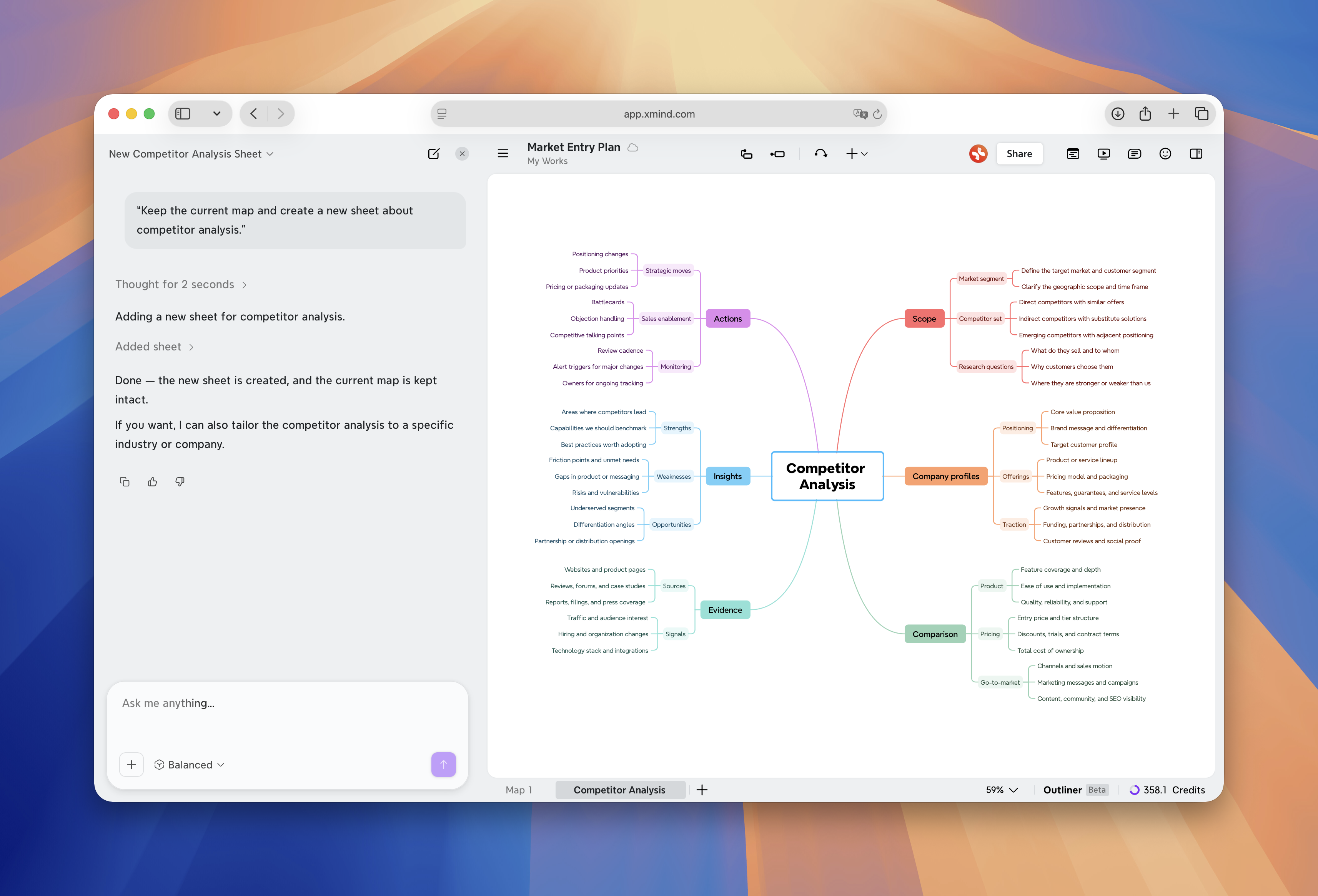 新しいマインドマップの作成リクエストに対するXmind AIの応答を、マインドマップ内のチャットボットに表示する。