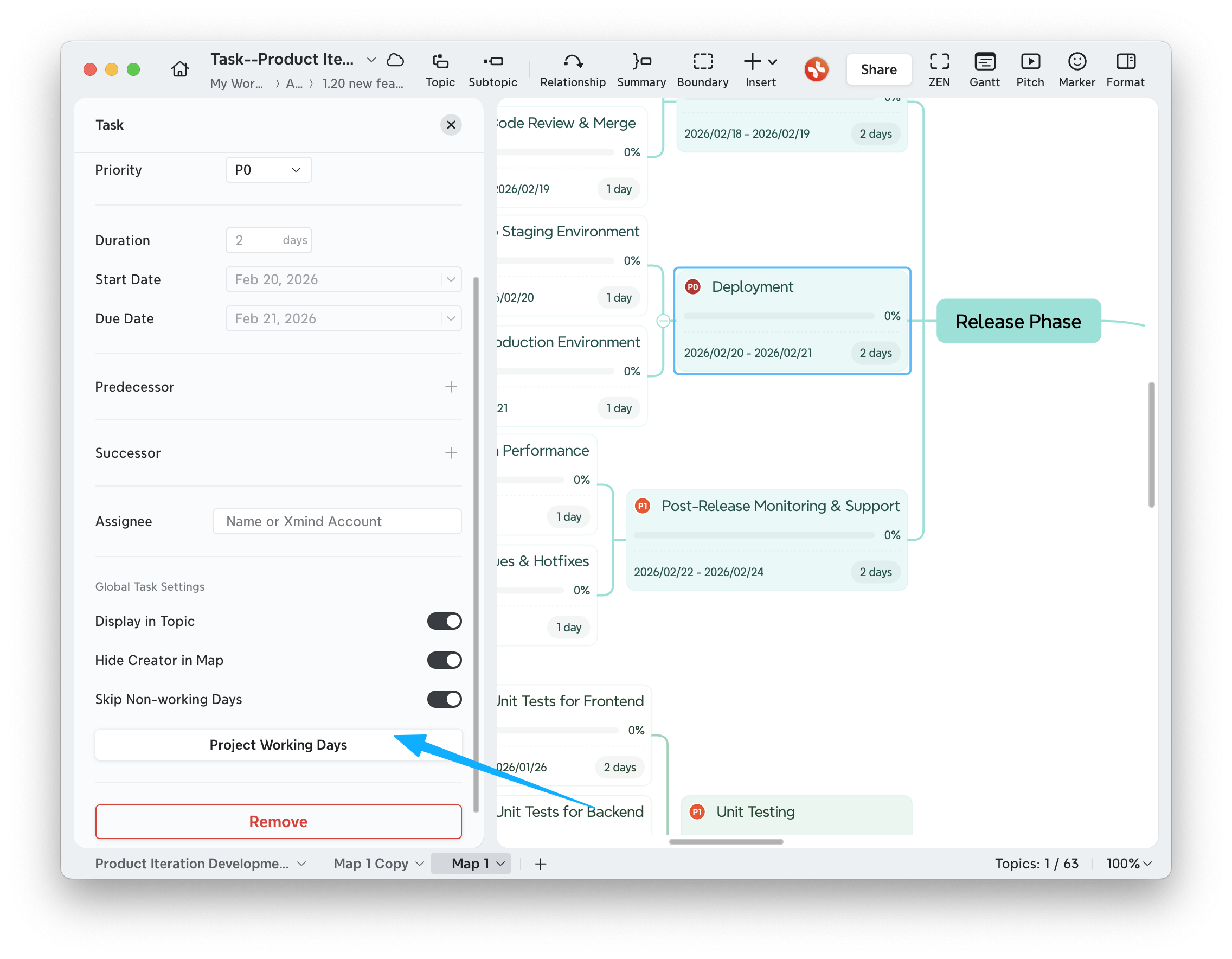 Xmind task panel showing Skip Non-working Days toggle and Project Working Days button.