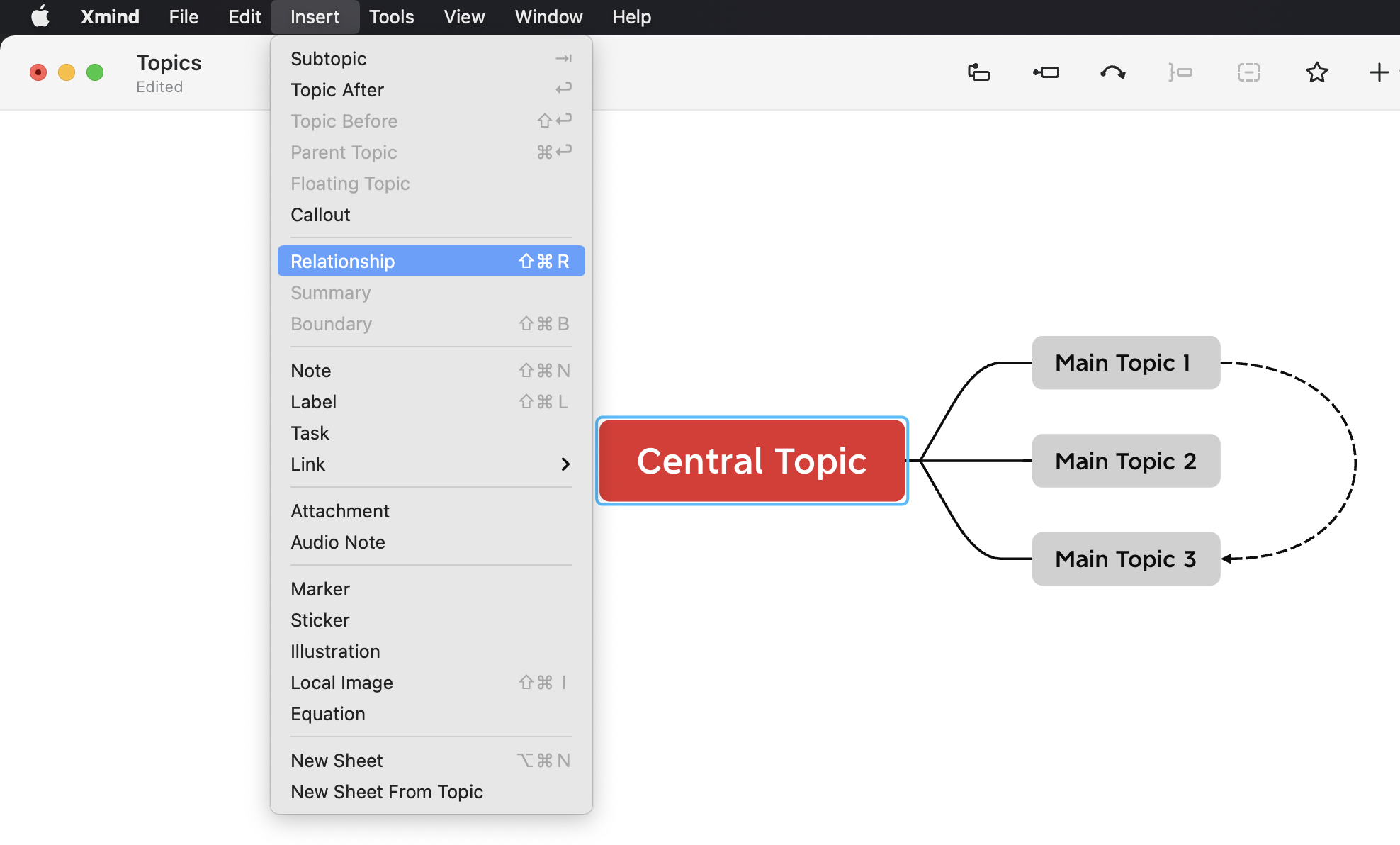 Capture d’écran de l’interface Xmind montrant un menu avec « Relation » mis en évidence et une carte mentale avec un sujet central et des sujets principaux.