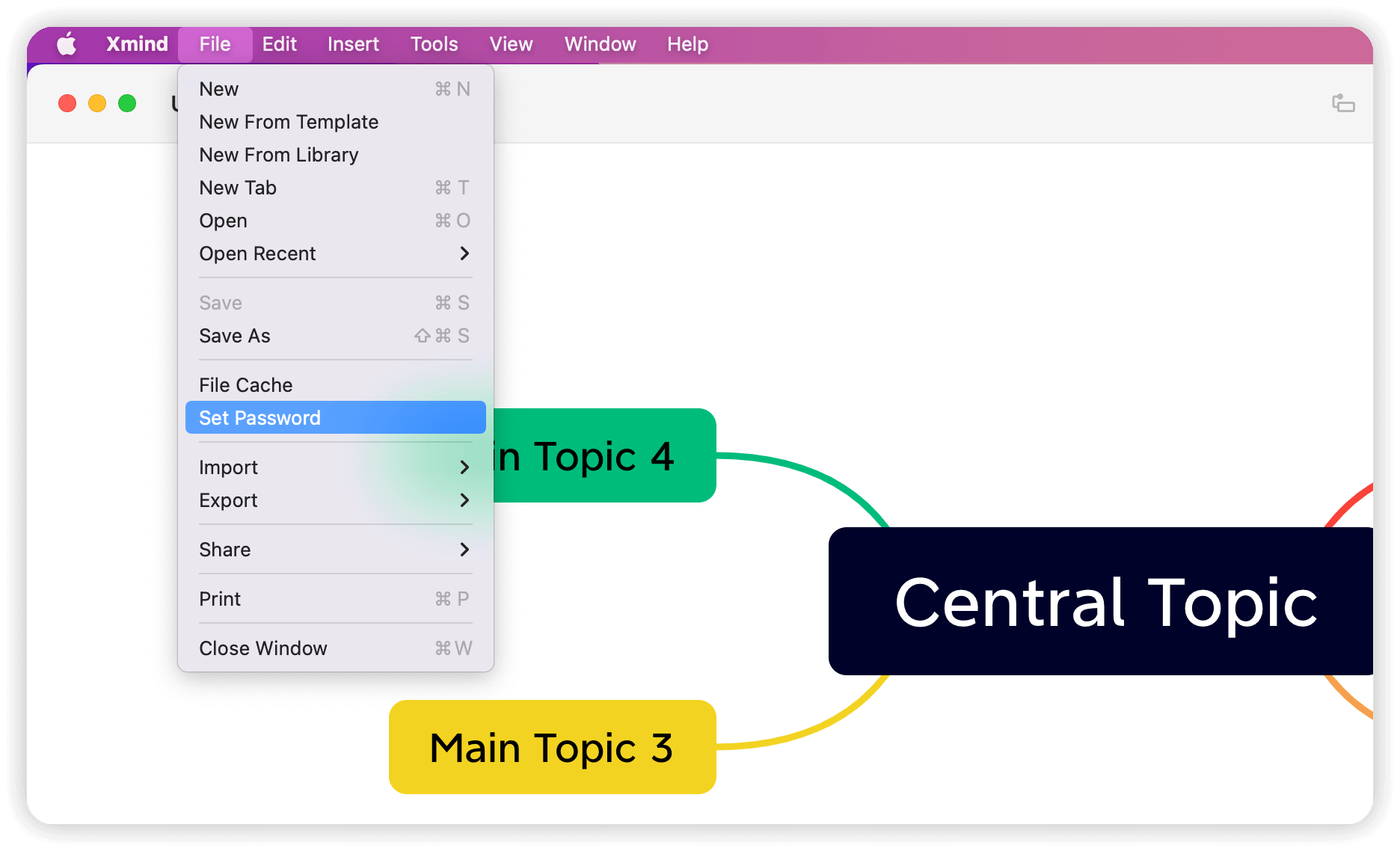 Menu options from the Xmind application showing “Set Password” highlighted, with a mind map visible on the screen.