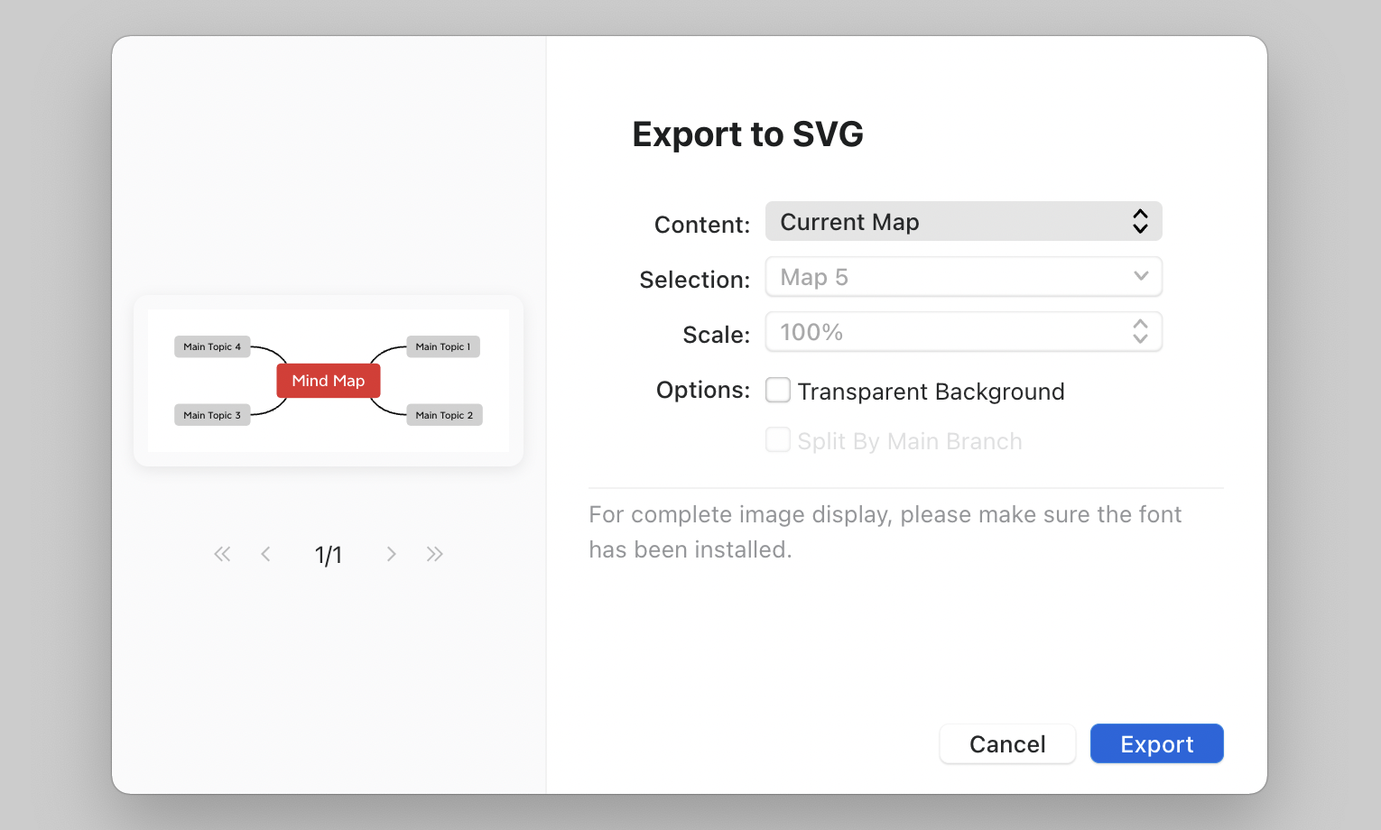 Export dialog for a mind map with options for content, selection, scale, and background transparency.