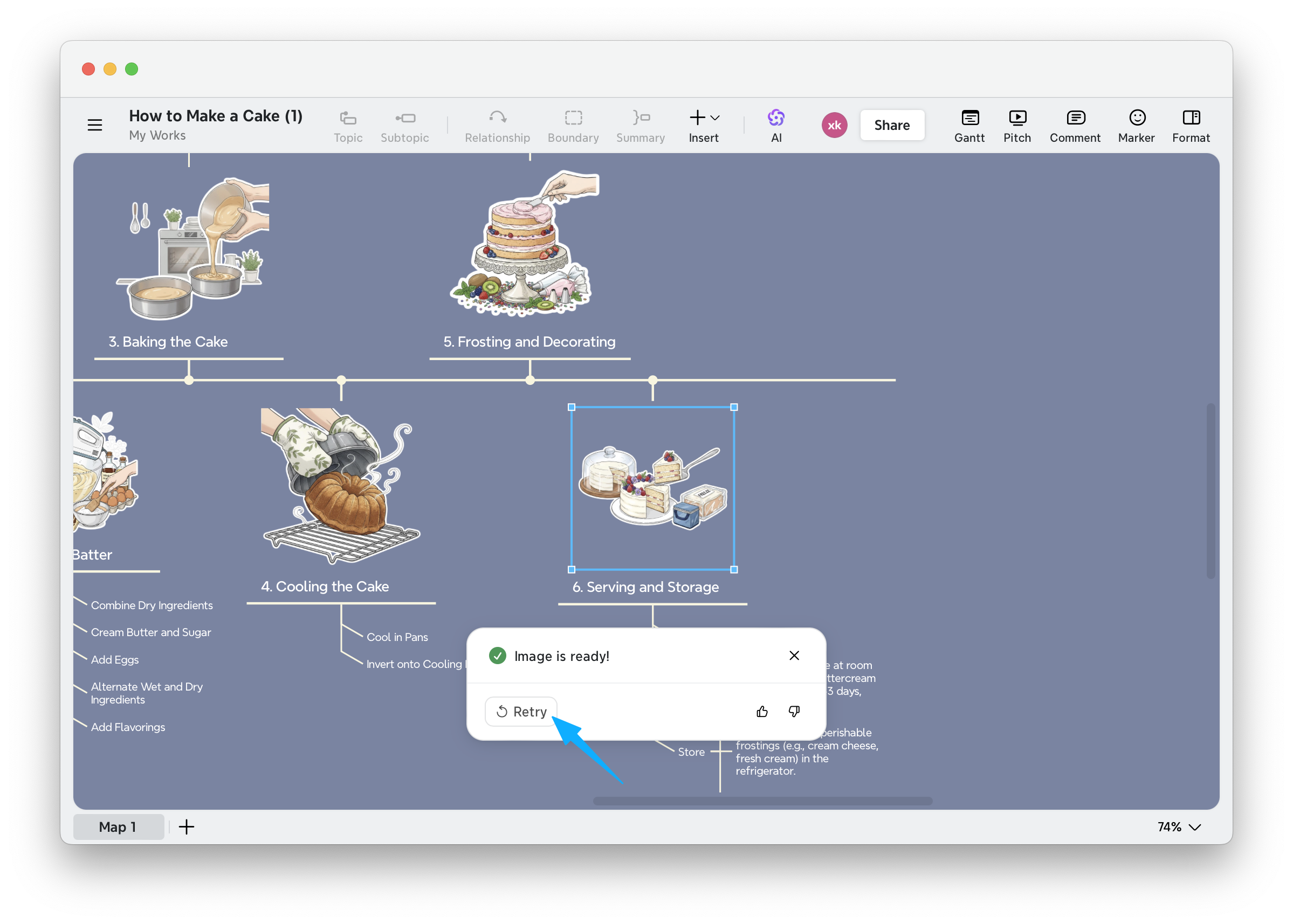 Xmind mind map showing cake-making steps with image ready notification dialog box.