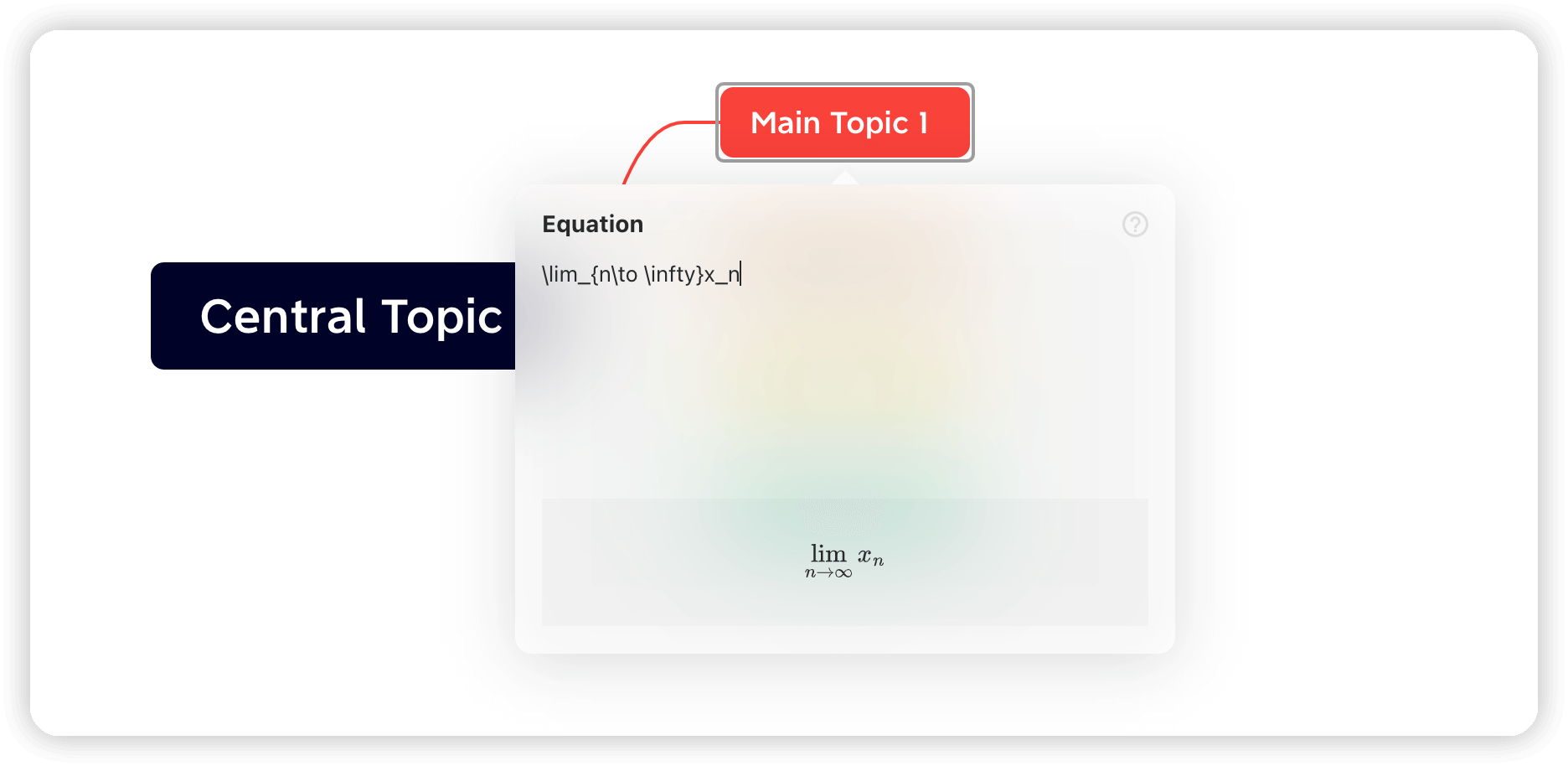 A diagram showcasing a central topic labeled “Central Topic” with an equation and a “Main Topic 1” label.