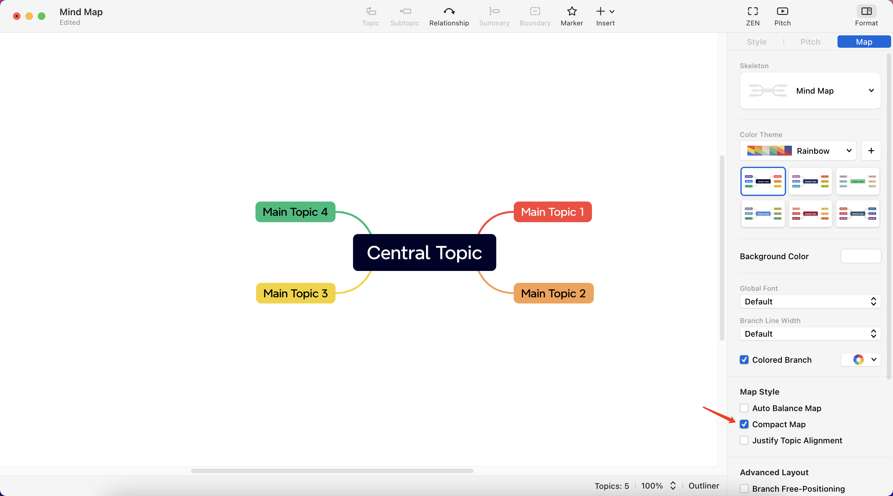 Mind map with a central topic labeled “Central Topic” and four main topics branching off in different colors.