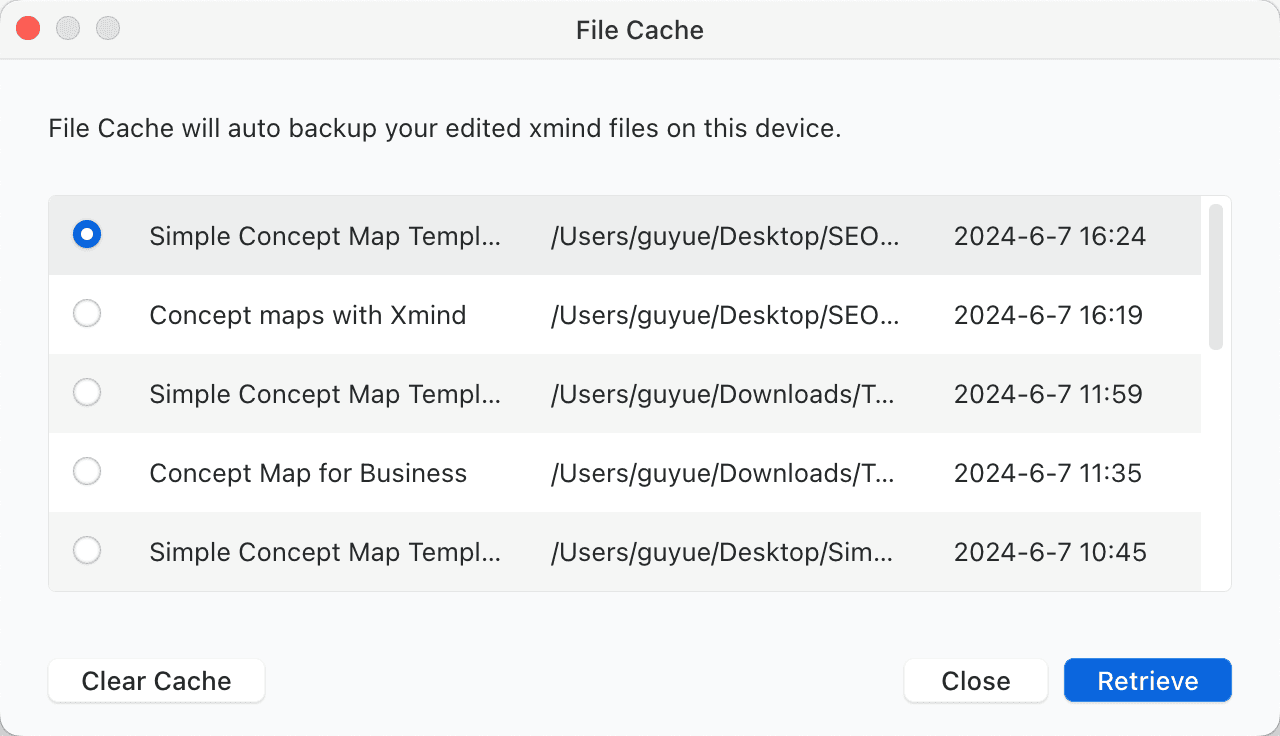 ファイルキャッシュ画面の説明、自動バックアップされたXmindファイルの一覧（タイムスタンプとクリア/取り出しのオプションを含む）。