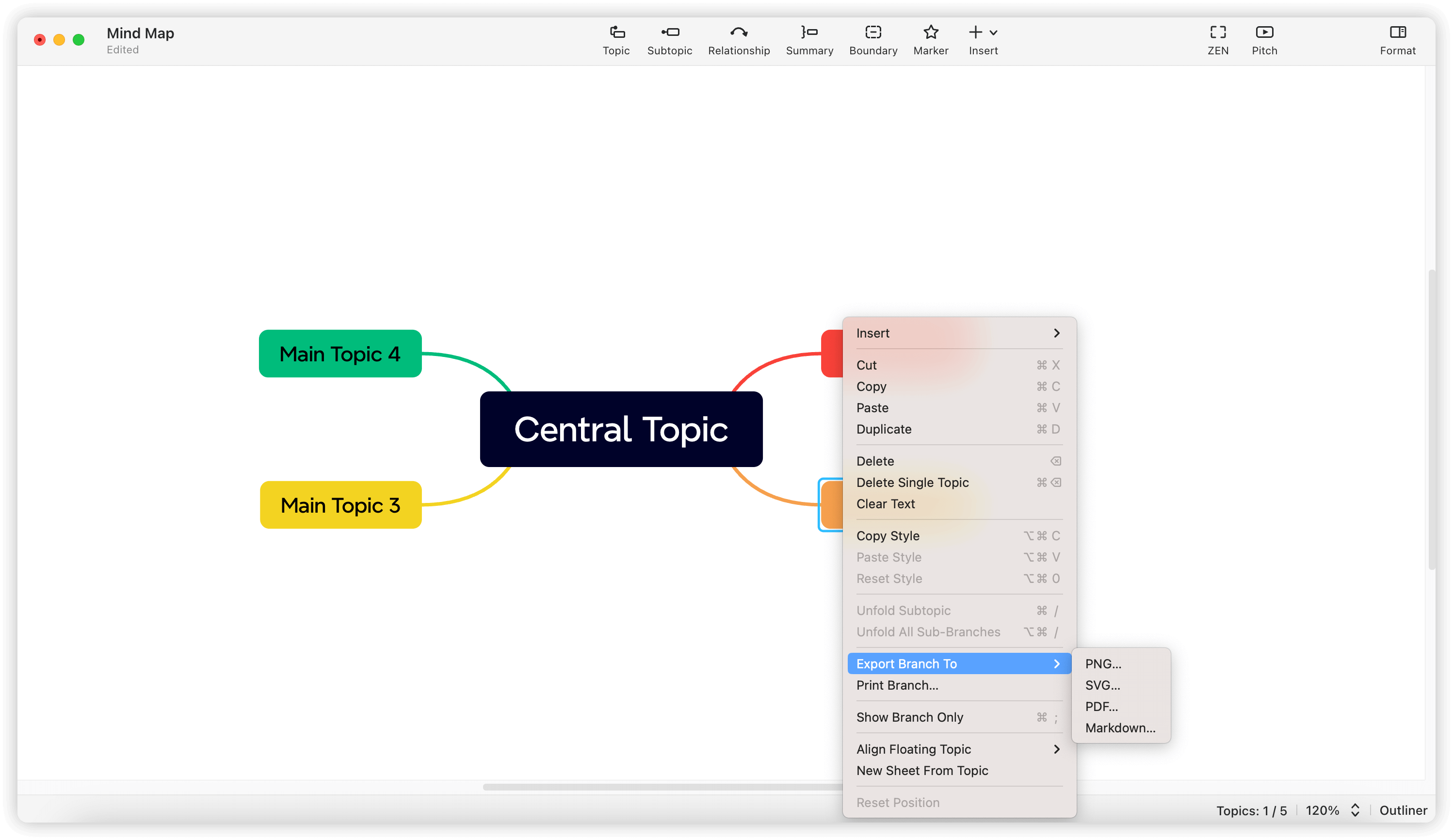 Mind map interface showing a central topic with two branches labeled “Main Topic 3” and “Main Topic 4,” along with a menu.