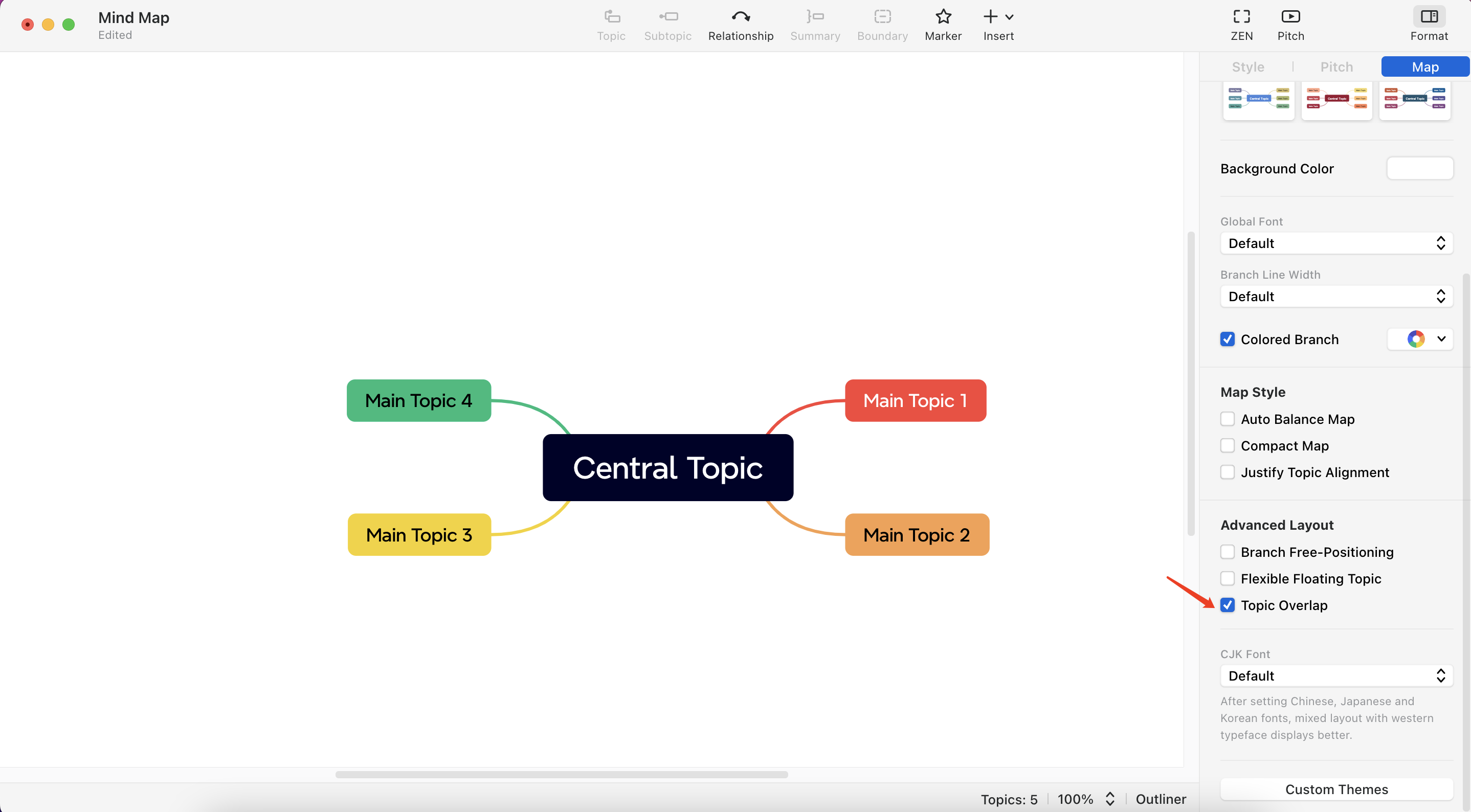 Colorful mind map with a central topic and four main topics connected by lines.