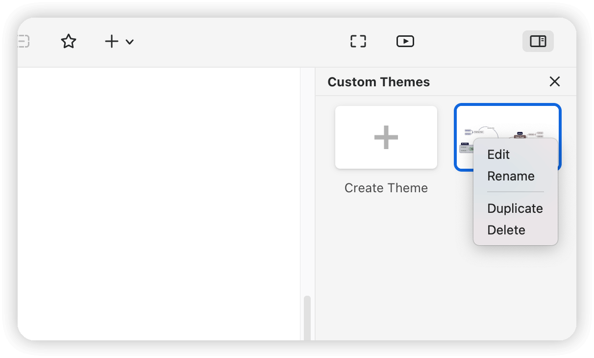 User interface displaying options for custom themes, including Edit, Rename, Duplicate, and Delete.
