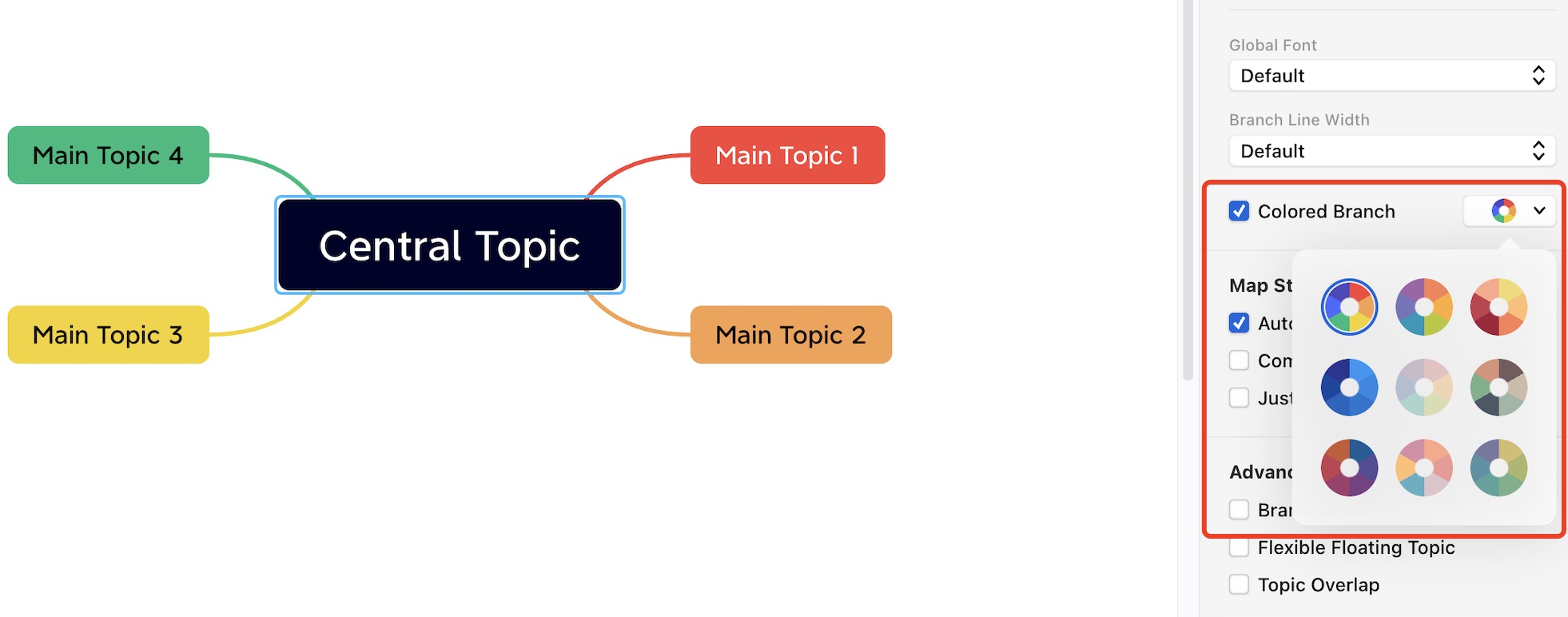 Mind map featuring a central topic with four colored branches labeled as Main Topic 1 to Main Topic 4.