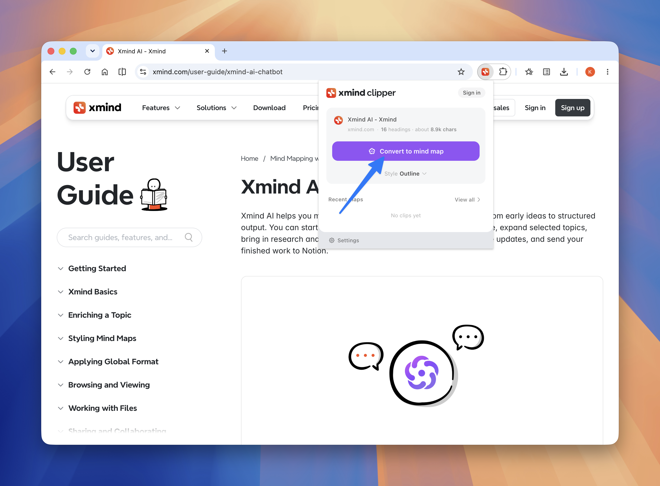 Xmind Web Clipper popup showing convert to mind map button with blue arrow indicator.