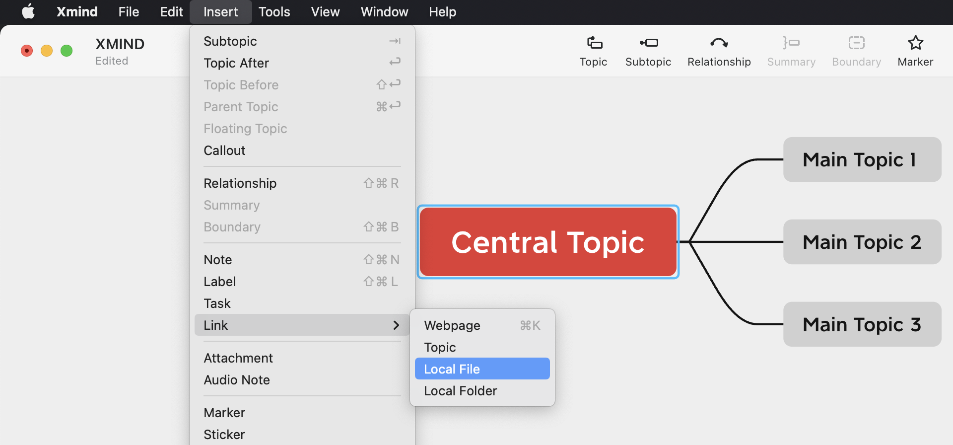 Xmind interface showing the “Insert” menu with options and a mind map featuring a central topic and three main topics.