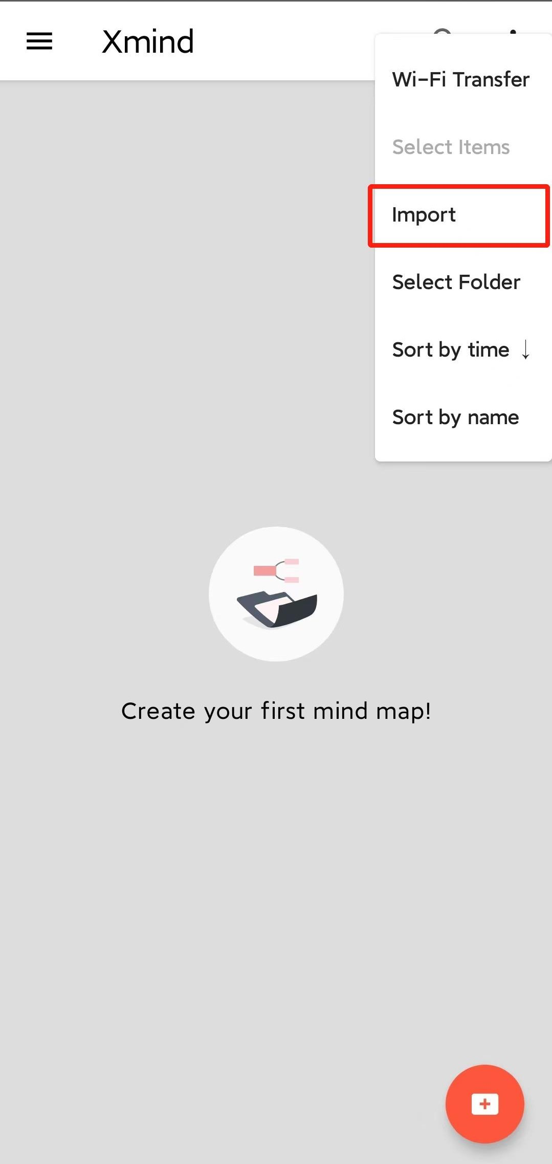 Xmindインターフェースで、明るい背景にインポート、並べ替え、マインドマップ作成のオプションが表示されています。