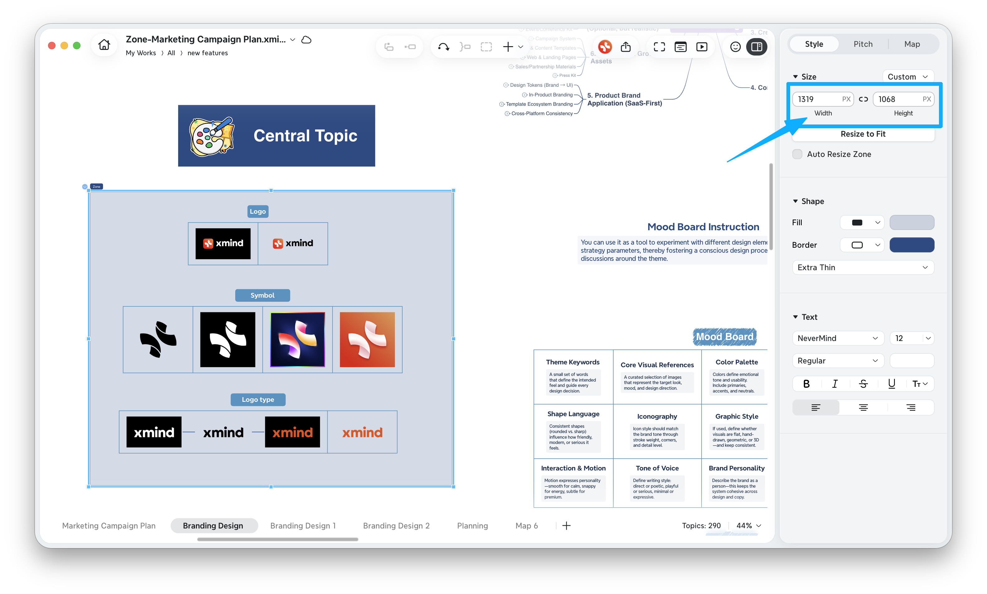 Xmind interface showing zone feature with branding elements and custom size panel highlighted.