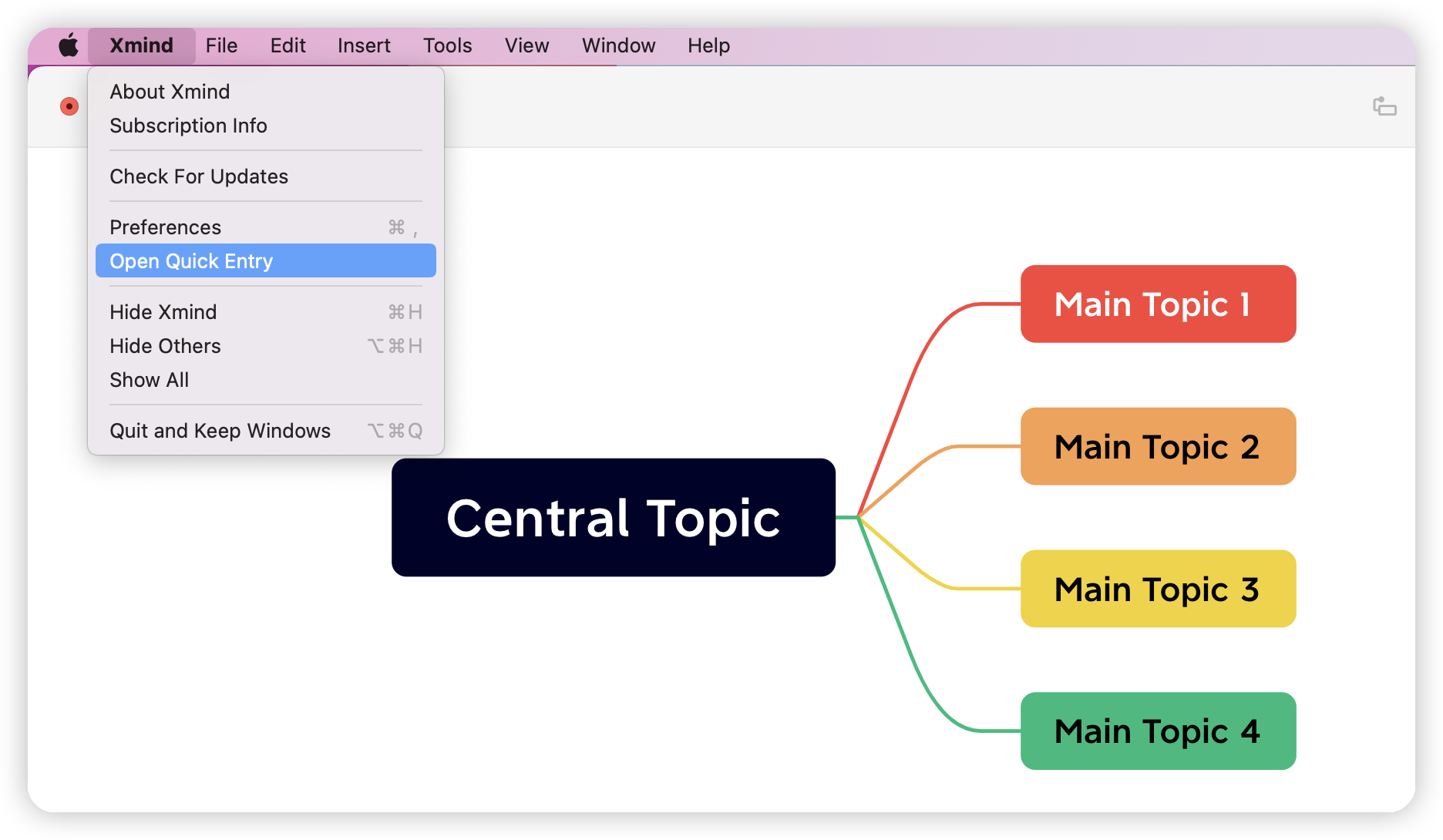 Mise en page de carte mentale avec un sujet central et quatre sujets principaux connectés, affichée dans le logiciel Xmind.