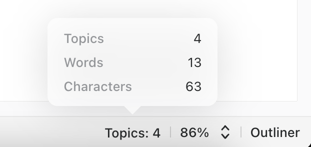 Text summary showing four topics, thirteen words, and sixty-three characters.