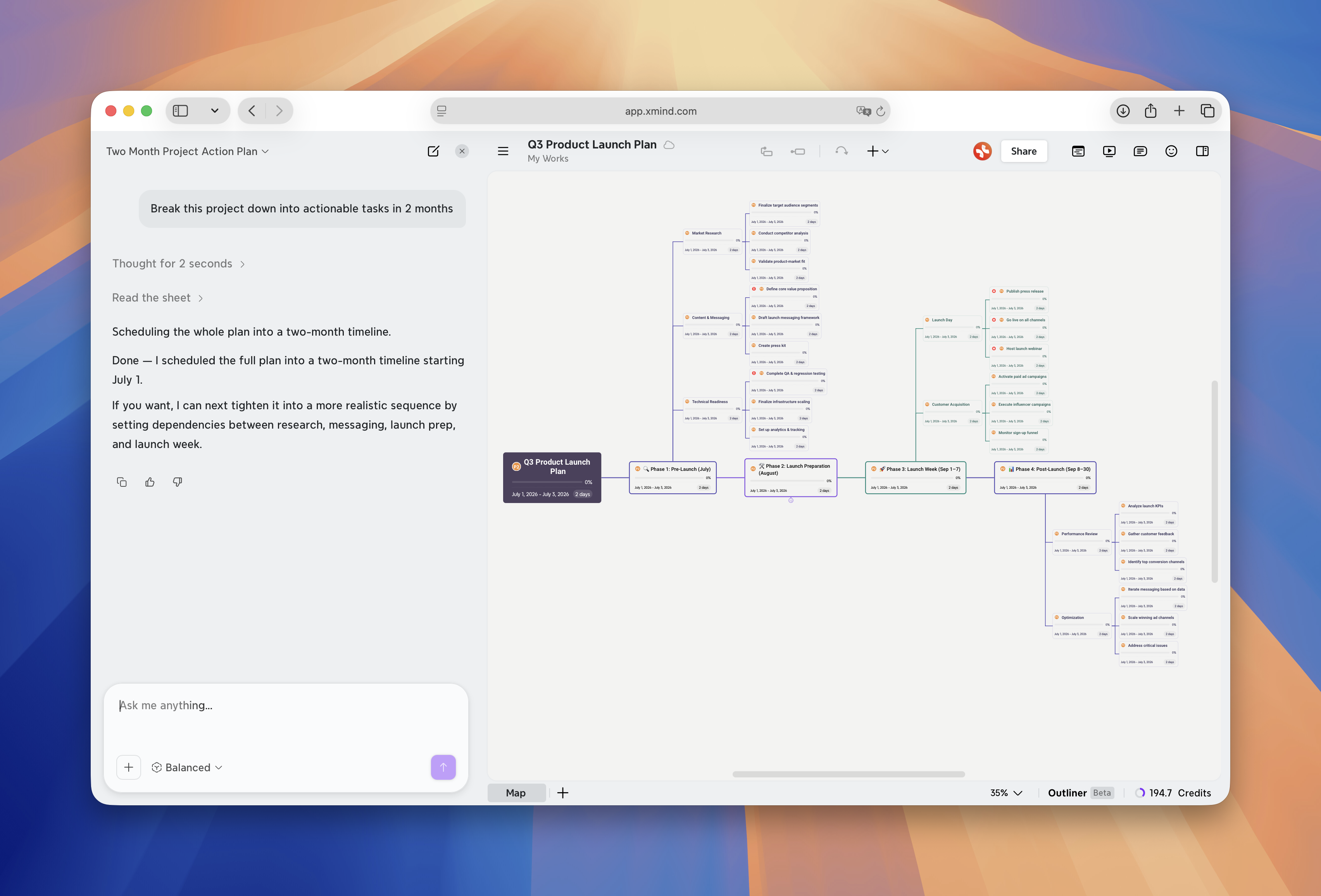 Xmind AIは、プロジェクトのマインドマップをフェーズ、優先度、タイムラインに整理された実行可能なタスクに変換します。
