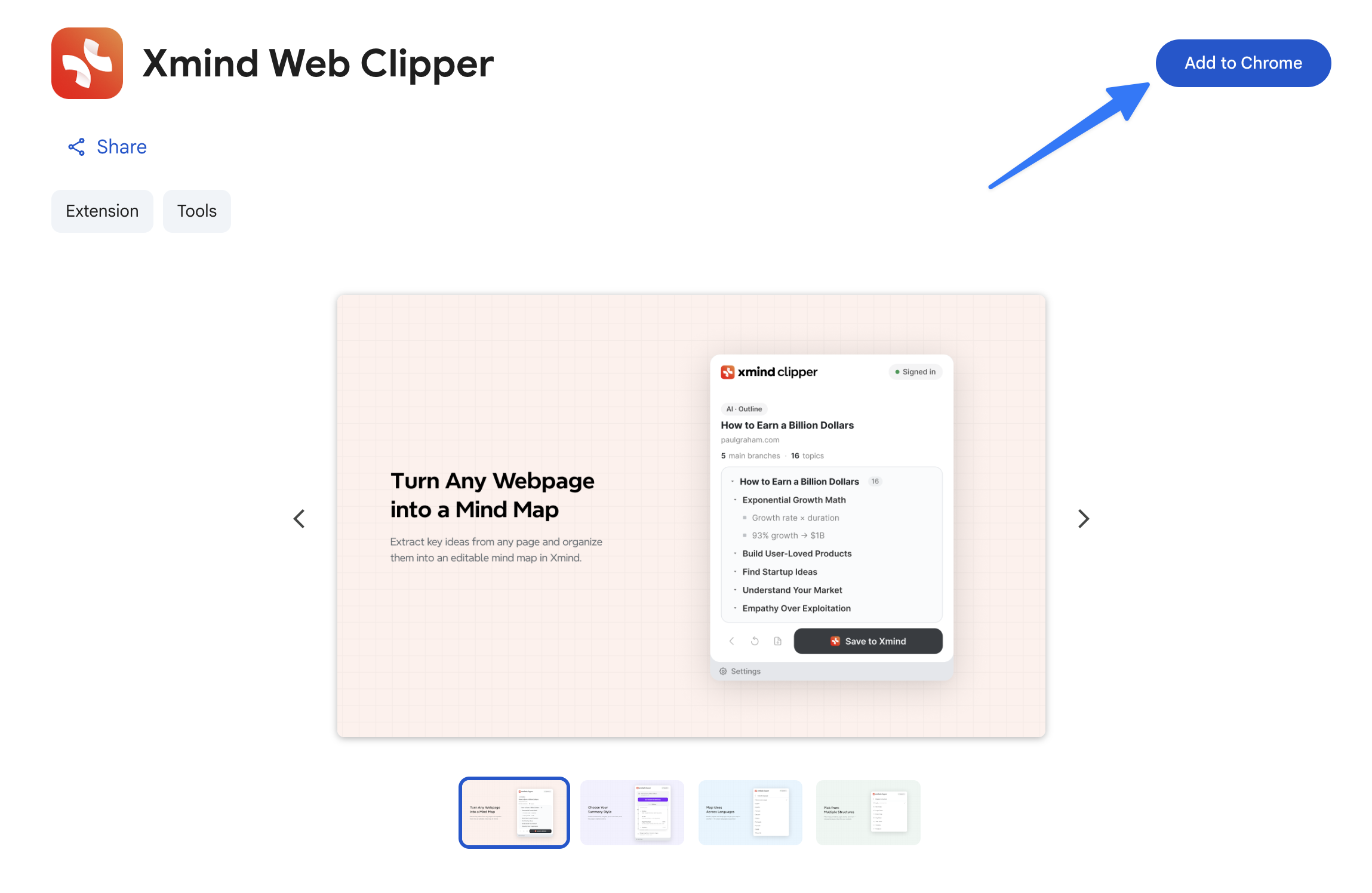 Xmind Web Clipper documentation page showing mind map conversion feature and Chrome installation button.