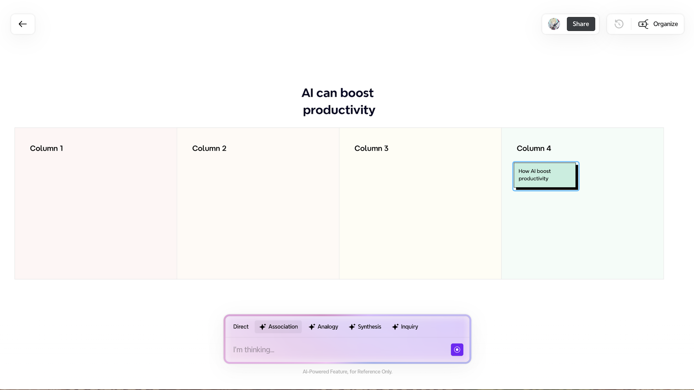 Интерфейс мозгового штурма с инструментами AI для продуктивности