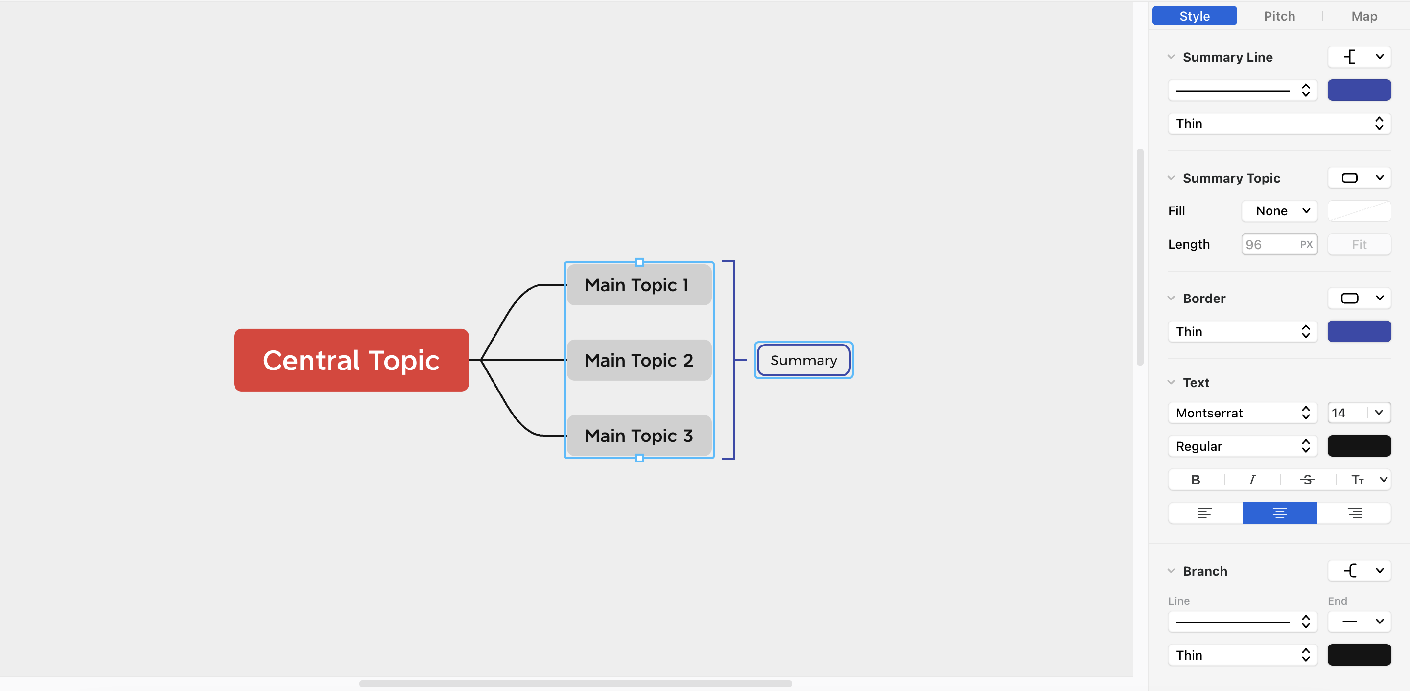 Mind map with a central topic labeled “Central Topic” and three main topics branching out, plus a “Summary” box.