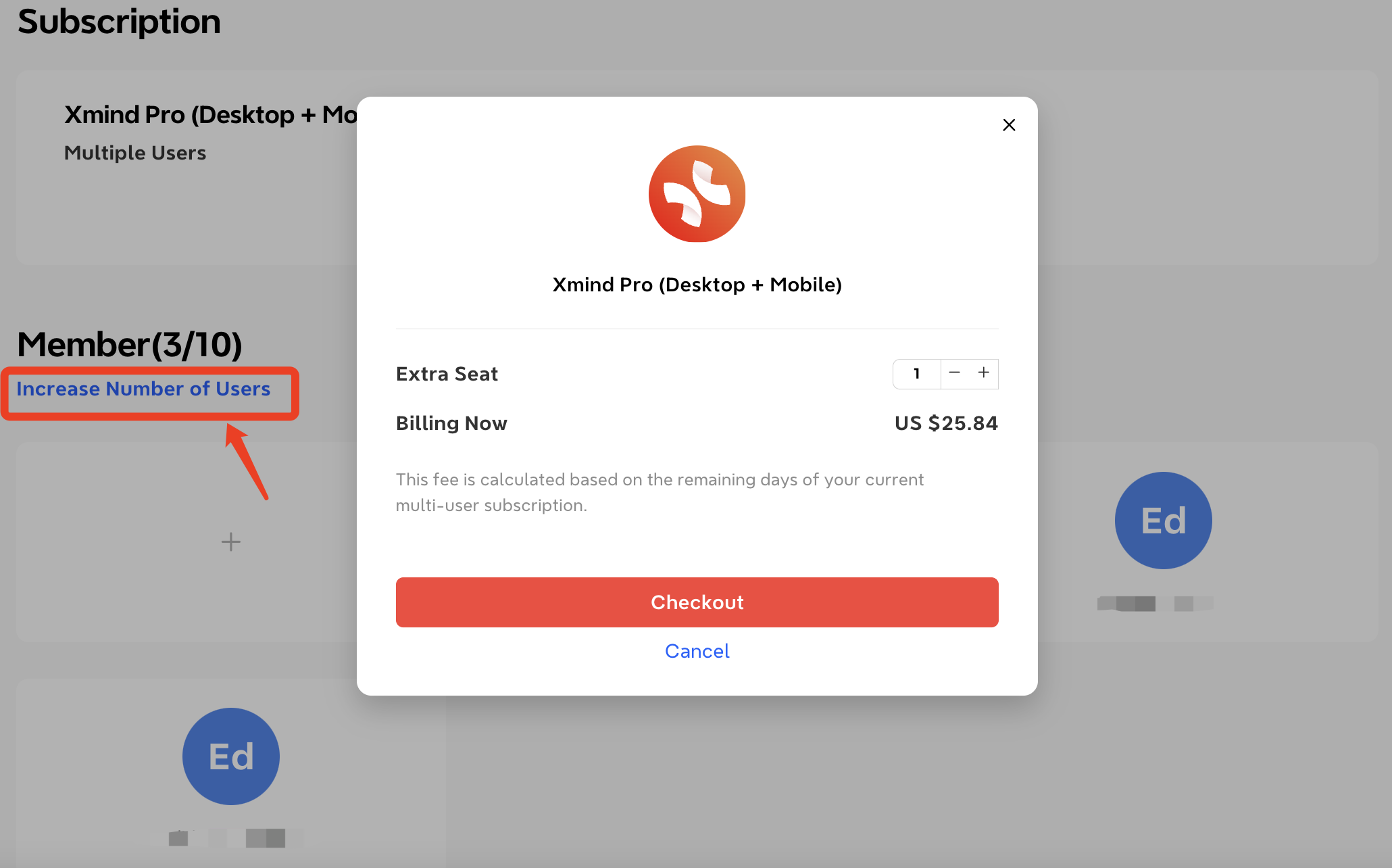 Interfaz de gestión de suscripciones que muestra opciones para aumentar usuarios para Xmind Pro con un botón de pago.