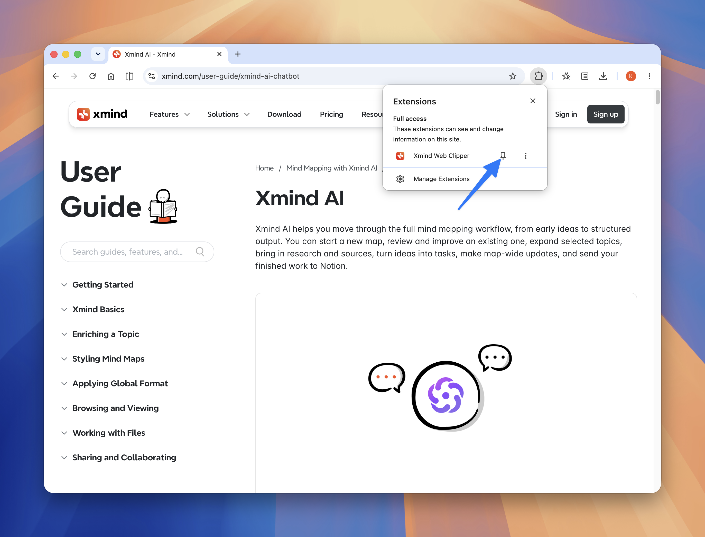Browser extensions menu showing Xmind Web Clipper with pin icon highlighted by arrow.