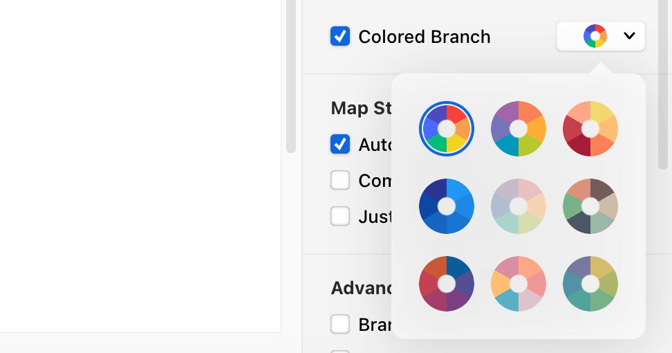 User interface showing options for coloring branches in a map, with a palette of circular color swatches.