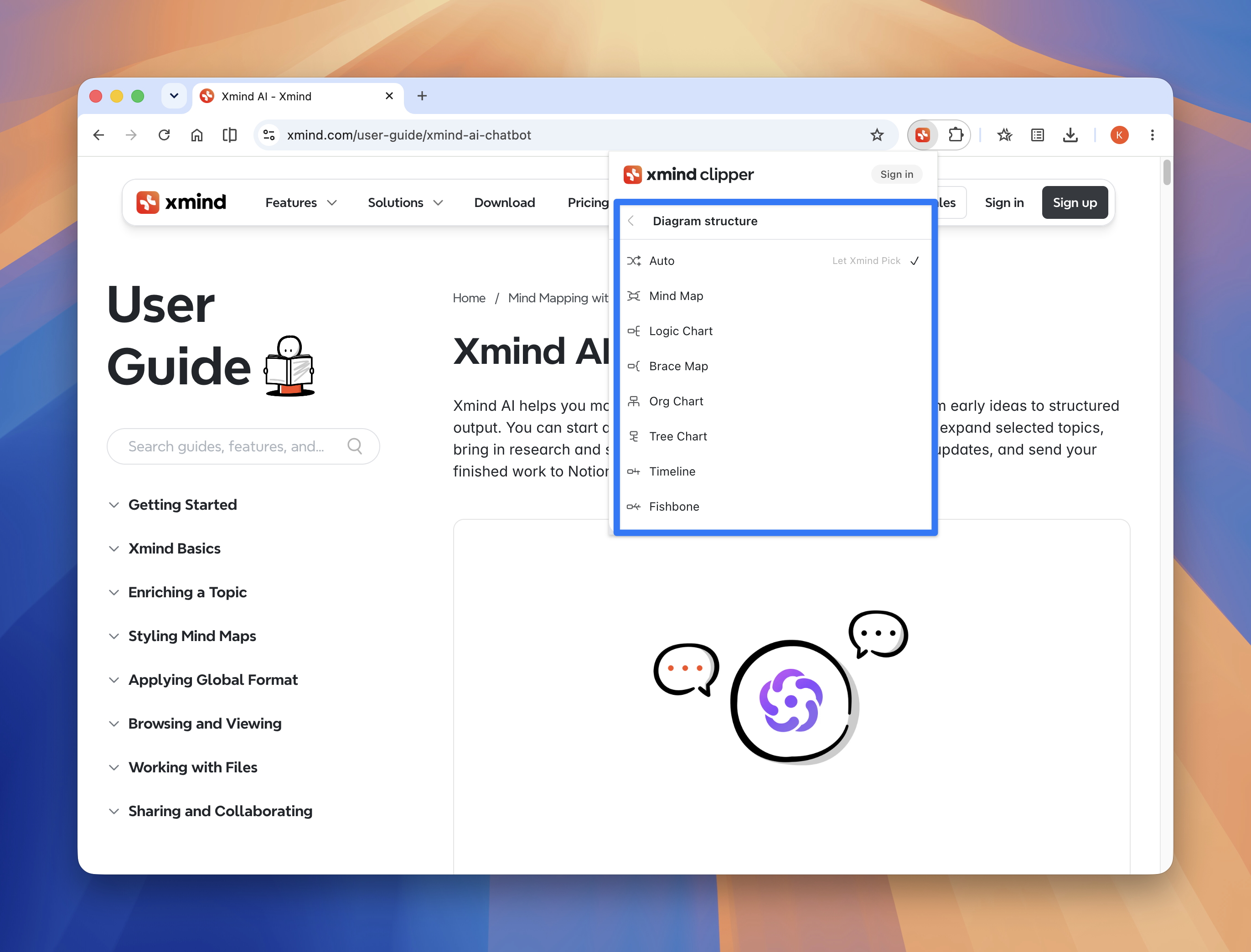 Xmind Web Clipper popup showing diagram structure options including mind map, logic chart, and brace map.