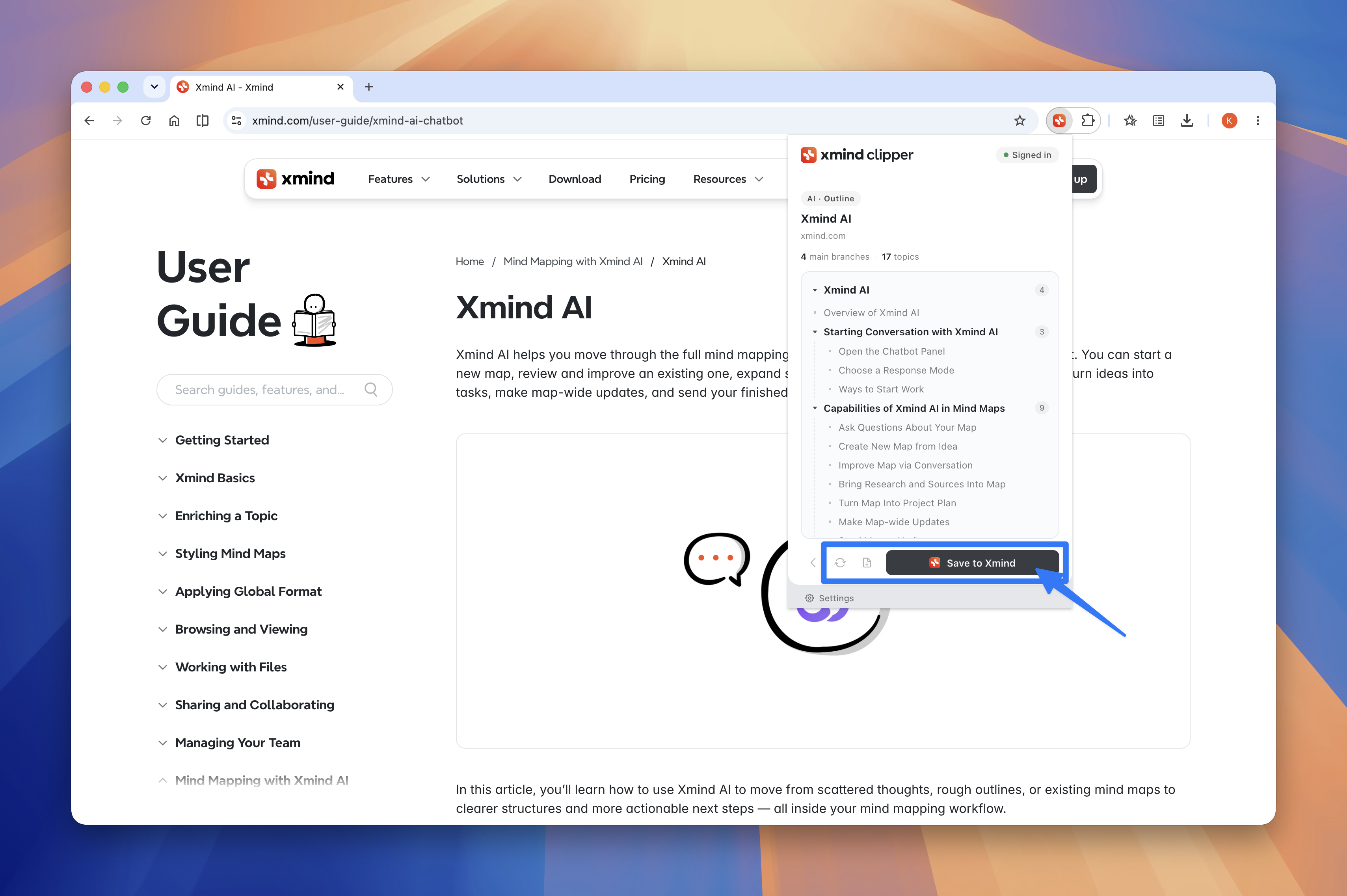 Xmind Web Clipper extension panel showing Save to Xmind button and navigation menu
