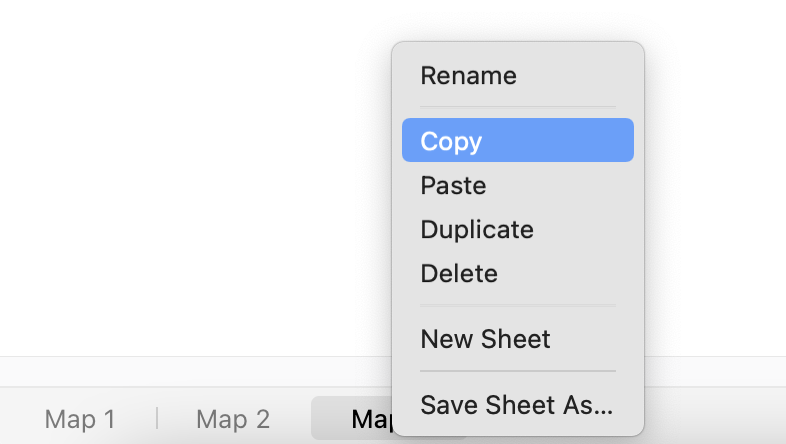 Menu options for a spreadsheet including Copy, Paste, Duplicate, Delete, New Sheet, and Save Sheet As.