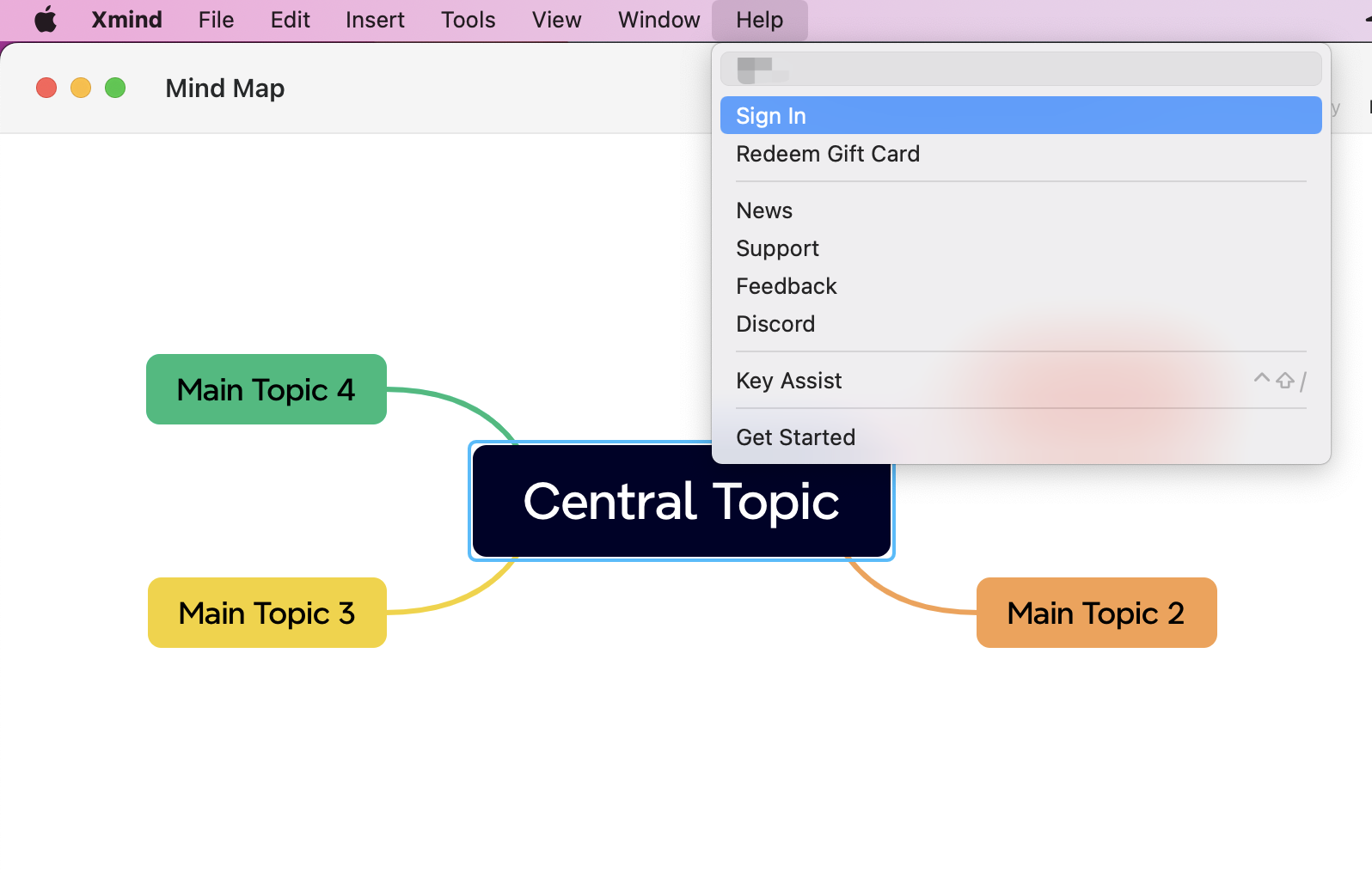 Mapa mental titulado “Tema central” con cuatro ramas etiquetadas como Tema principal 2, Tema principal 3, Tema principal 4 y un menú desplegable.