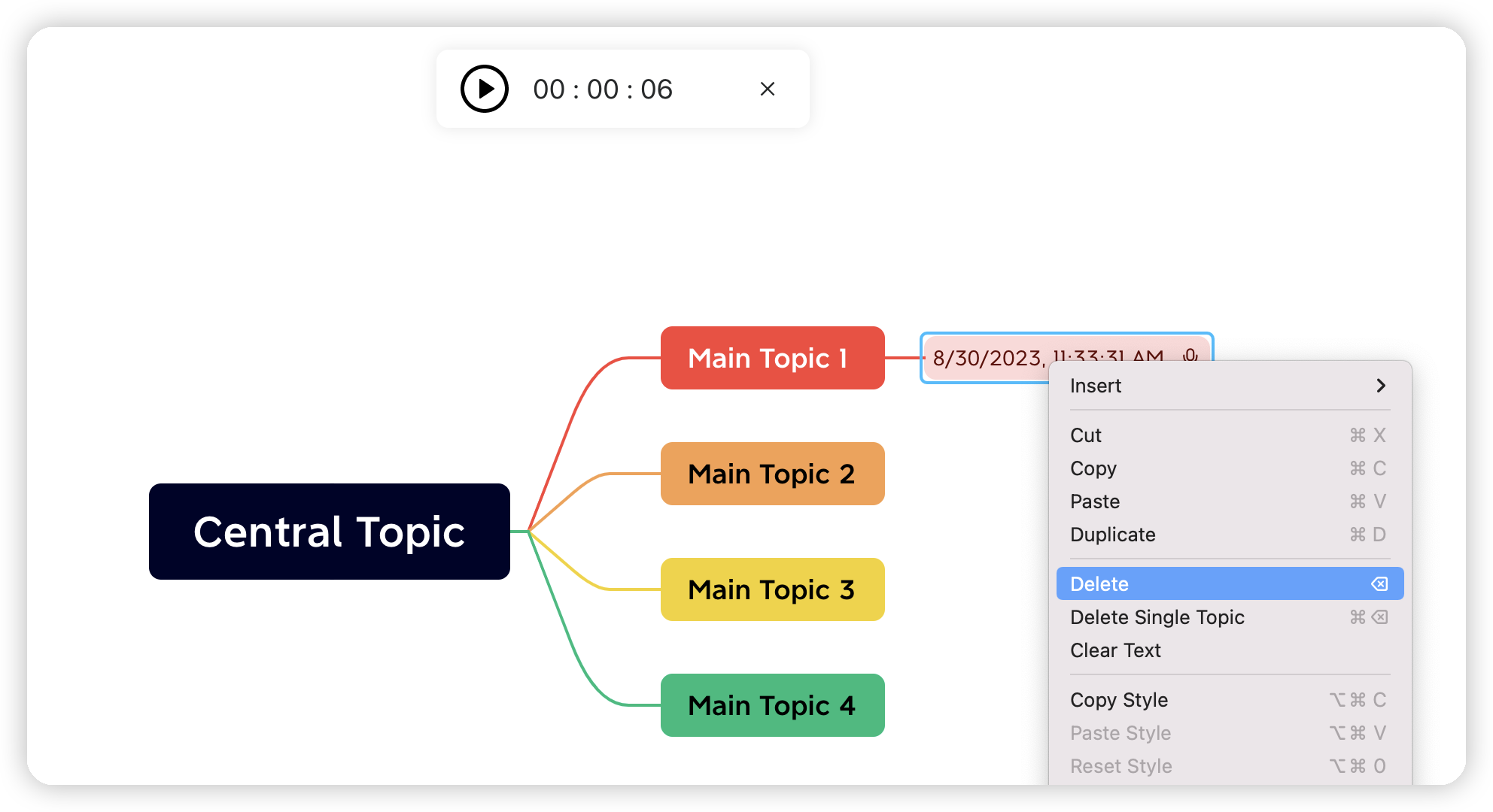 Mind map with a central topic labeled “Central Topic” and four branches for main topics, featuring an options menu.