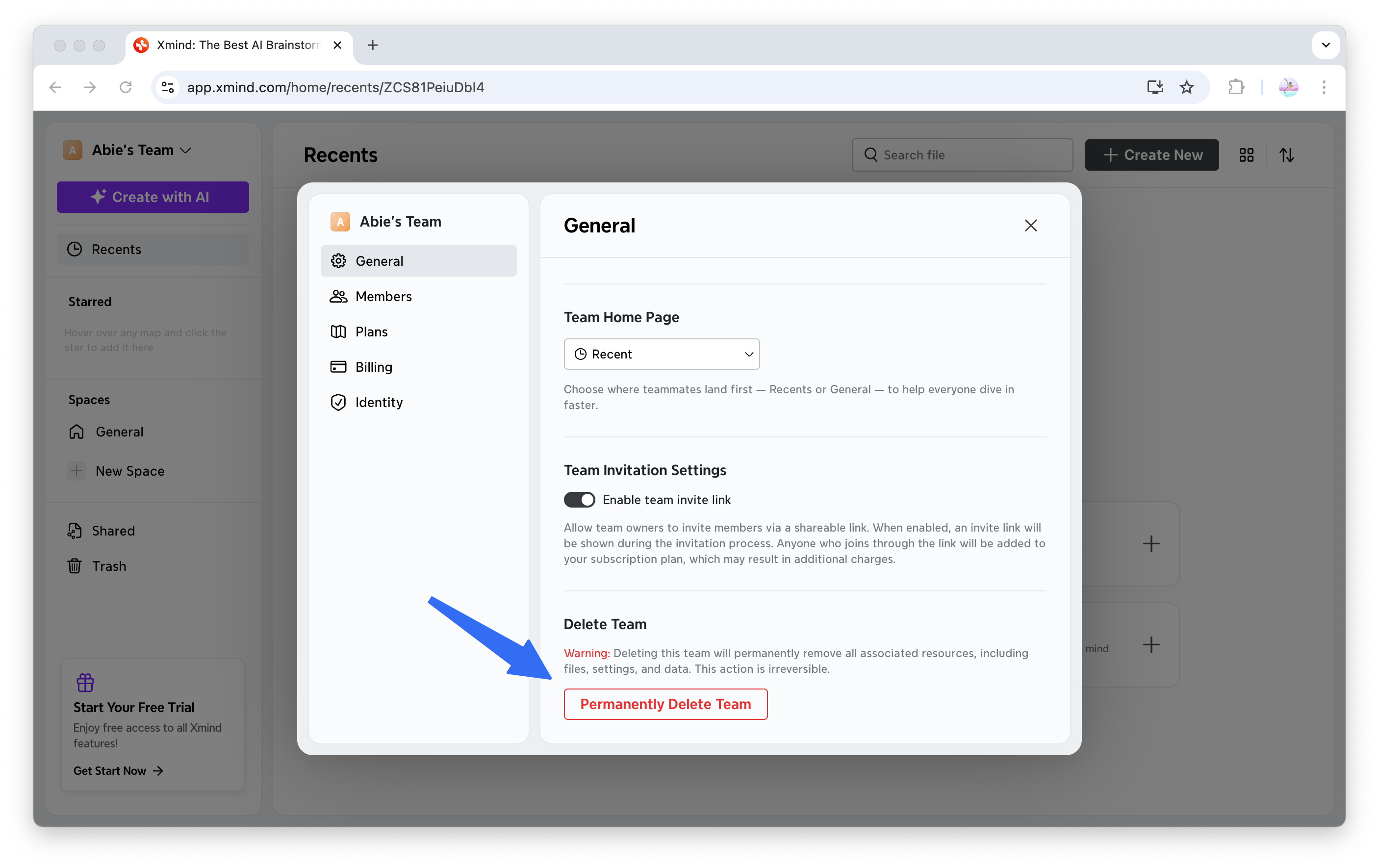 Configuración de gestión del equipo con opción de eliminación mostrada