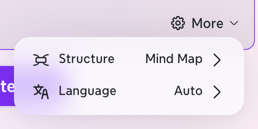 Le menu Plus dans la fenêtre Créer avec l’IA dans Xmind sur Mac, montrant les options Structure et Langue.