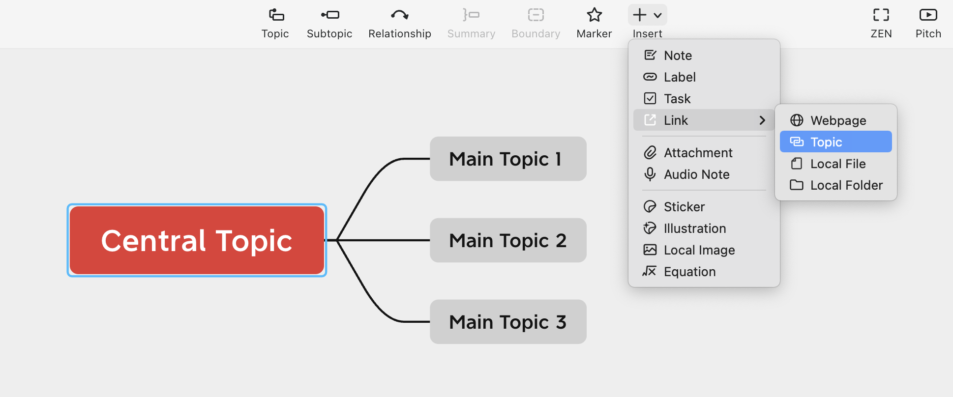 Mind map with a central topic labeled “Central Topic” and three connected main topics, plus an insert menu on the side.