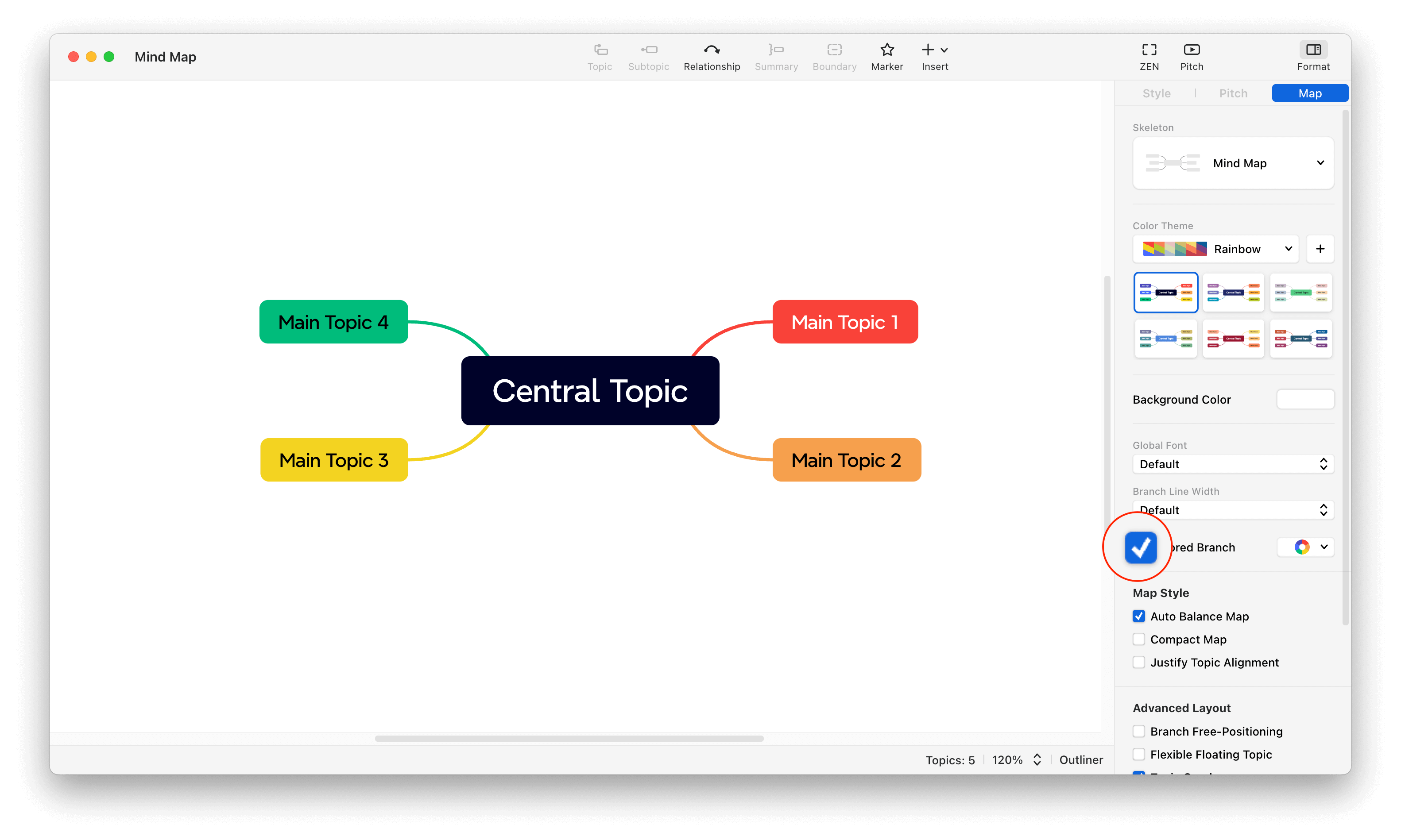 Mind map with a central topic and four main topics connected by colorful branches.