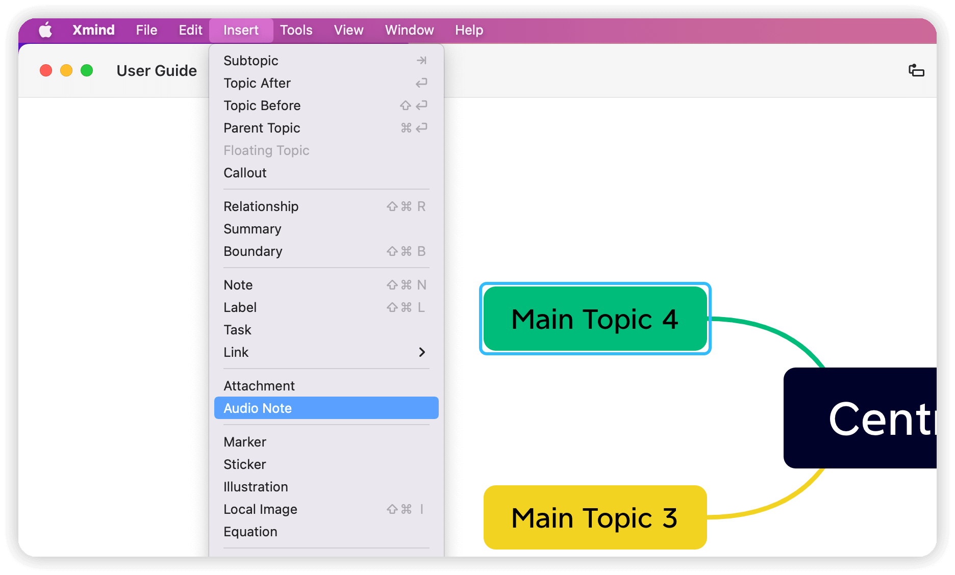 Image of XMind software interface showing a menu on the left with options for inserting topics and a mind map with main topics.