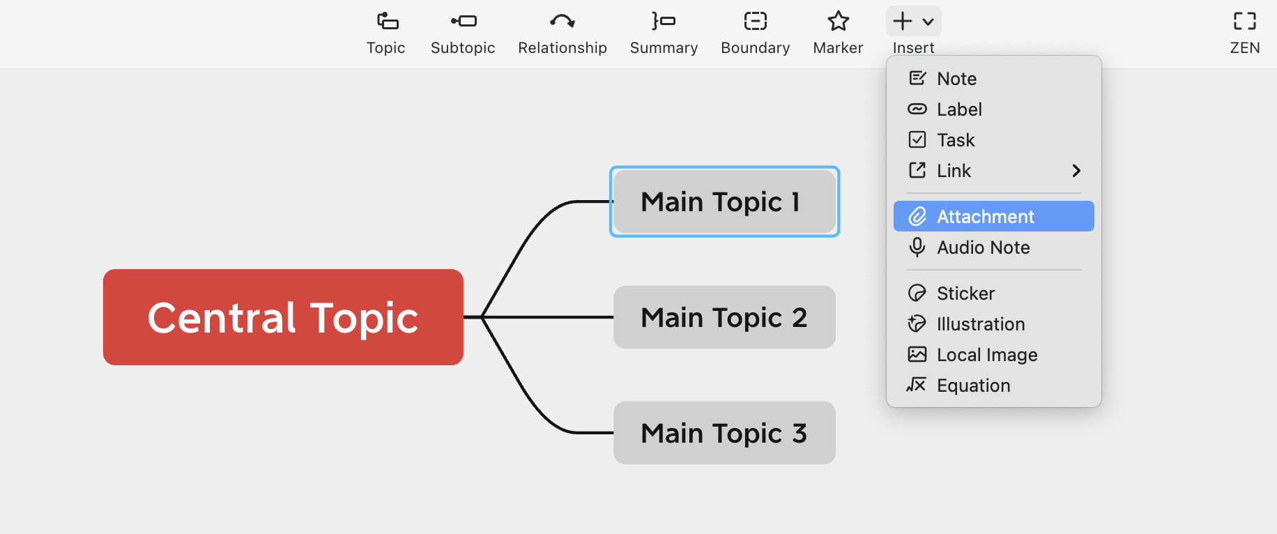 Mind map layout showing a central topic with three main topics and an insert menu for attachments and notes.