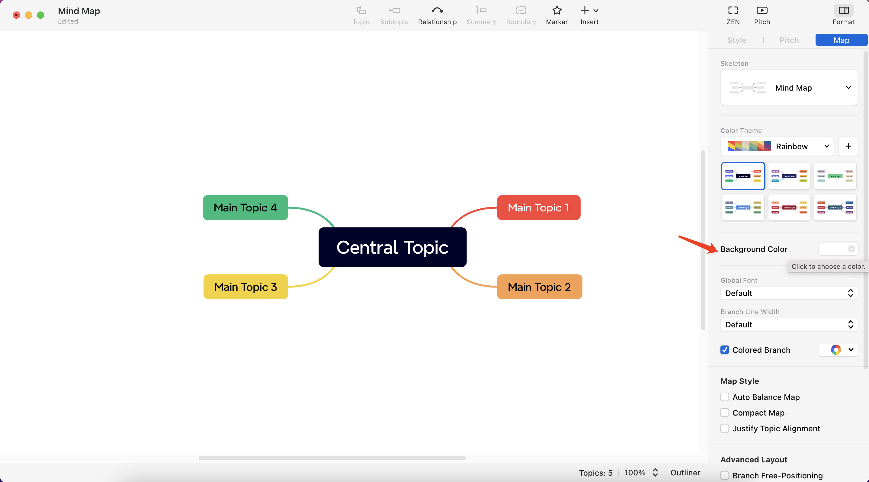 Mind map layout featuring a central topic with four connected main topics, alongside design options on the right.