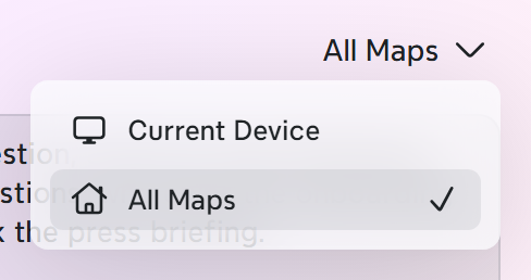 Le menu de l’emplacement d’enregistrement dans la fenêtre Créer avec l’IA dans Xmind sur Windows, montrant Toutes les cartes et Appareil actuel.