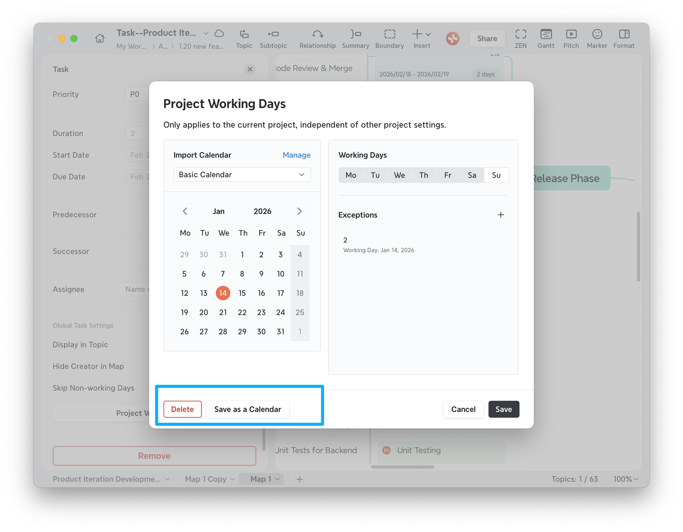 Dialog box showing Project Working Days settings with calendar and working days configuration.