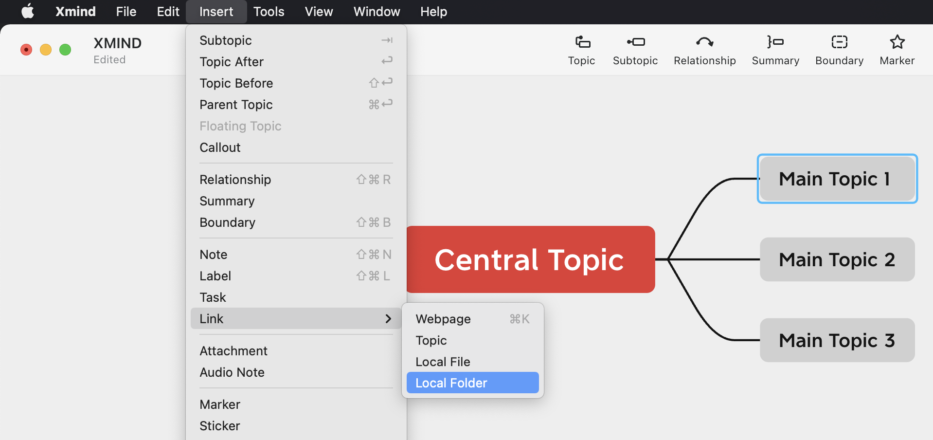 Menu options from the Xmind application showing the “Insert” dropdown, with “Central Topic” highlighted.